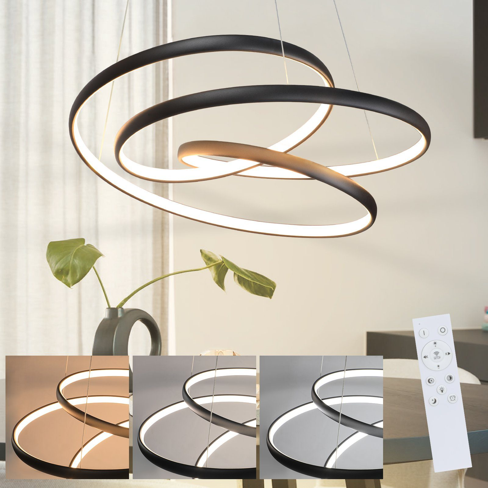 Nowoczesny żyrandol z trzema podświetlanymi pierścieniami, pilotem i rośliną.