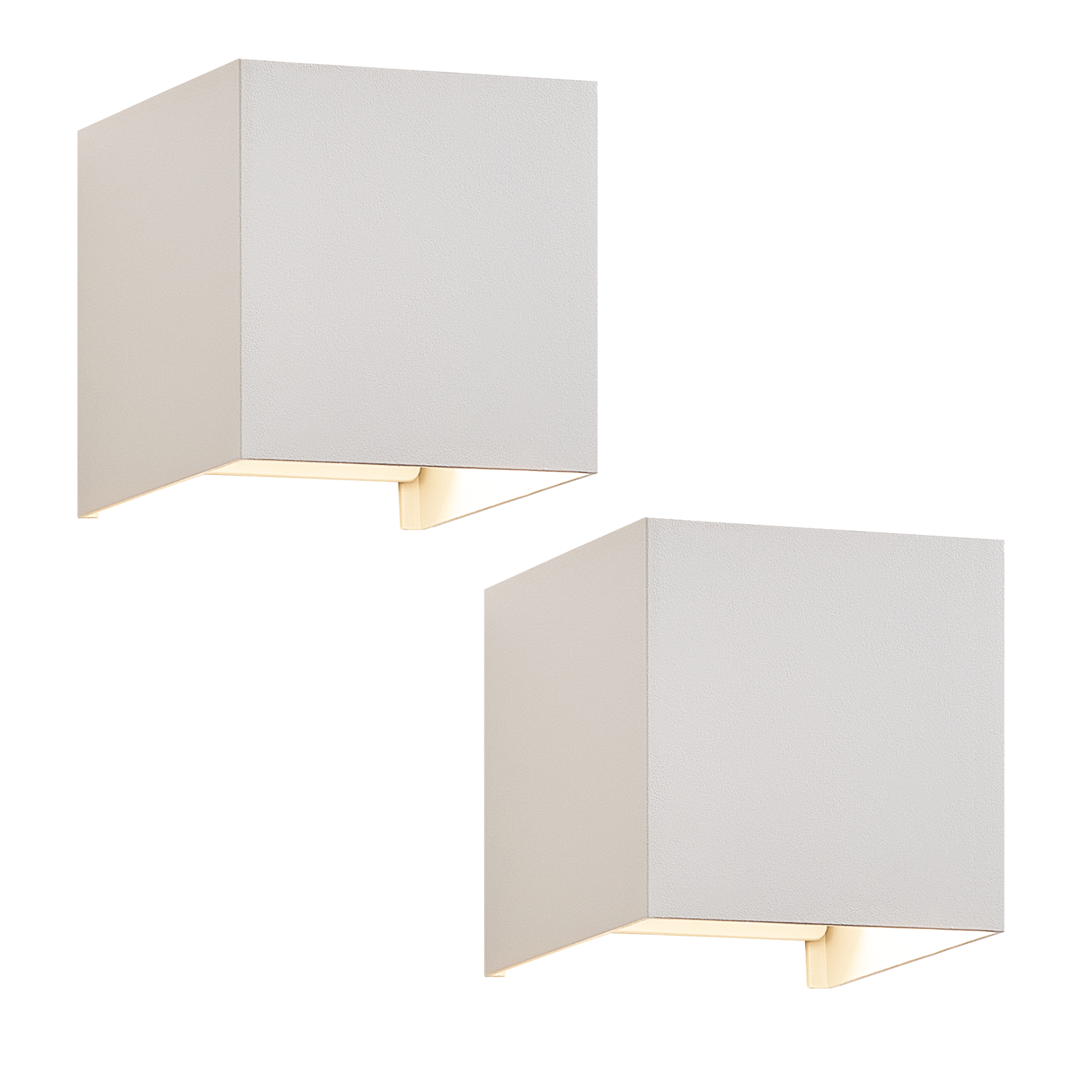 Dwie białe kwadratowe lampy ścienne z otworami świetlnymi skierowanymi w dół.
