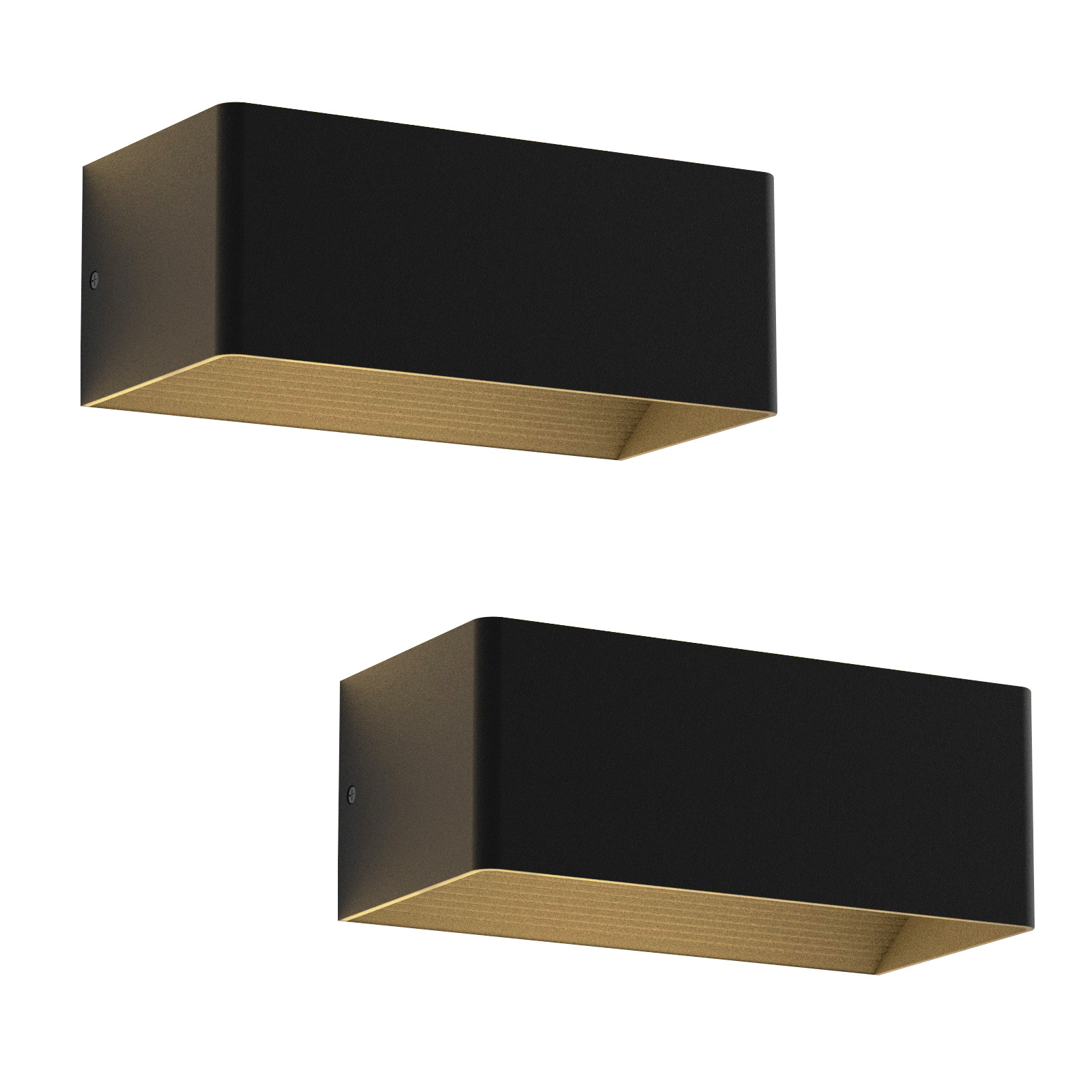Dwie czarne prostokątne lampy ścienne ze złotym wewnętrznym źródłem światła, na białym tle.