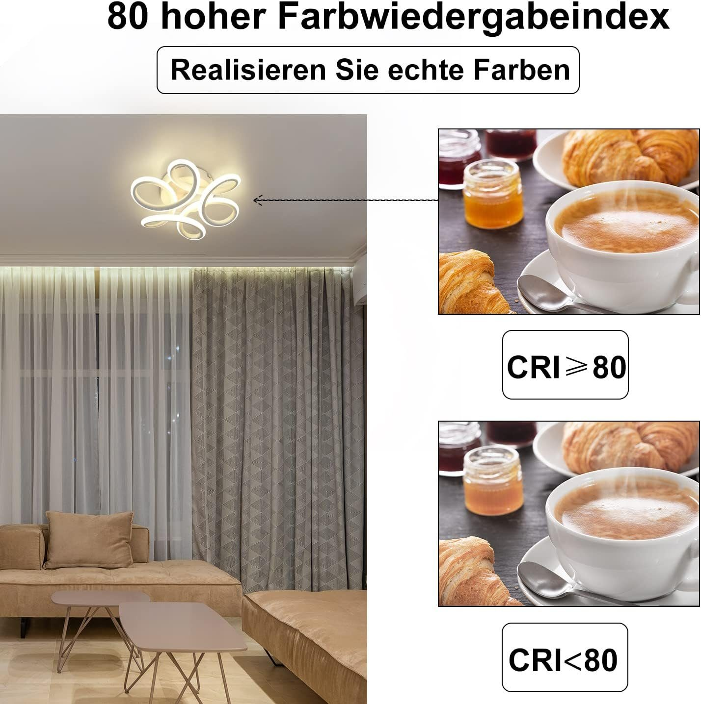 Lampa sufitowa i nakrycie stołu z rogalikami, kawą i dżemem, z wysokim CRI.