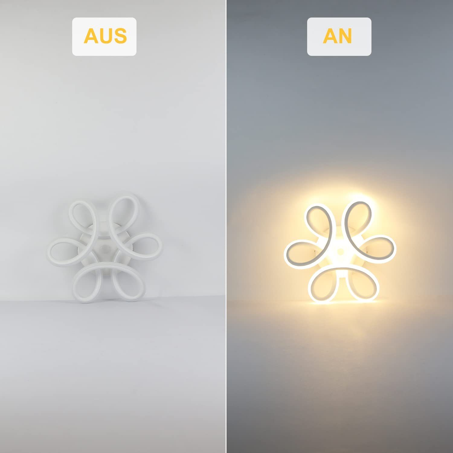 Dwa obrazy tej samej białej lampy sufitowej. Jeden wyłączony, drugi włączony, pokazujący światło.