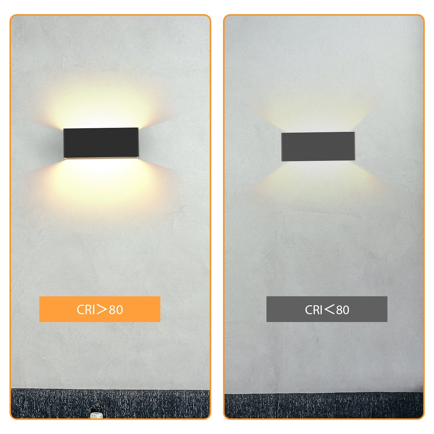 Dwa zdjęcia przedstawiają czarną lampę ścienną. Jeden ma CRI<gt/>80, a drugi CRI<lt/>80. Lampy są prostokątne.