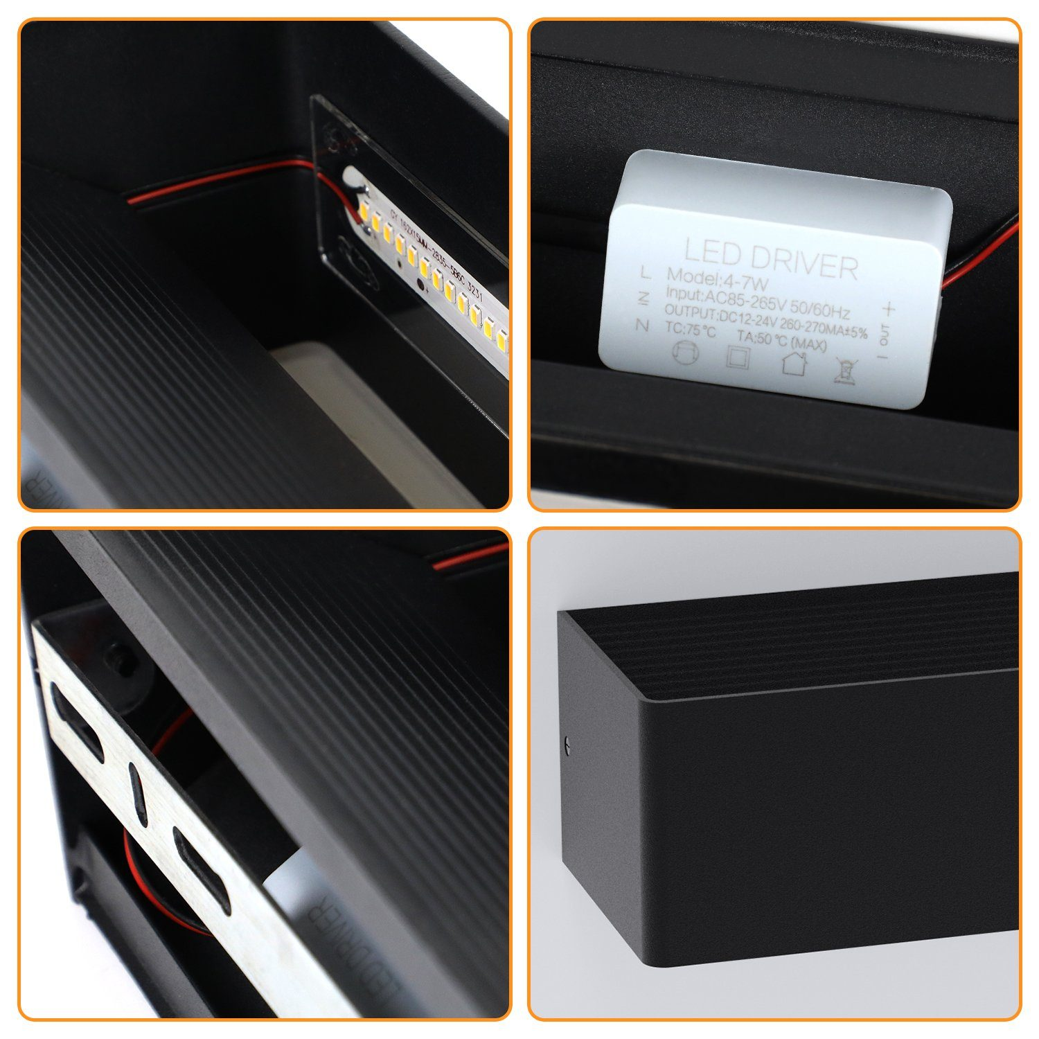 Zbliżenia na komponenty czarnej lampy LED.