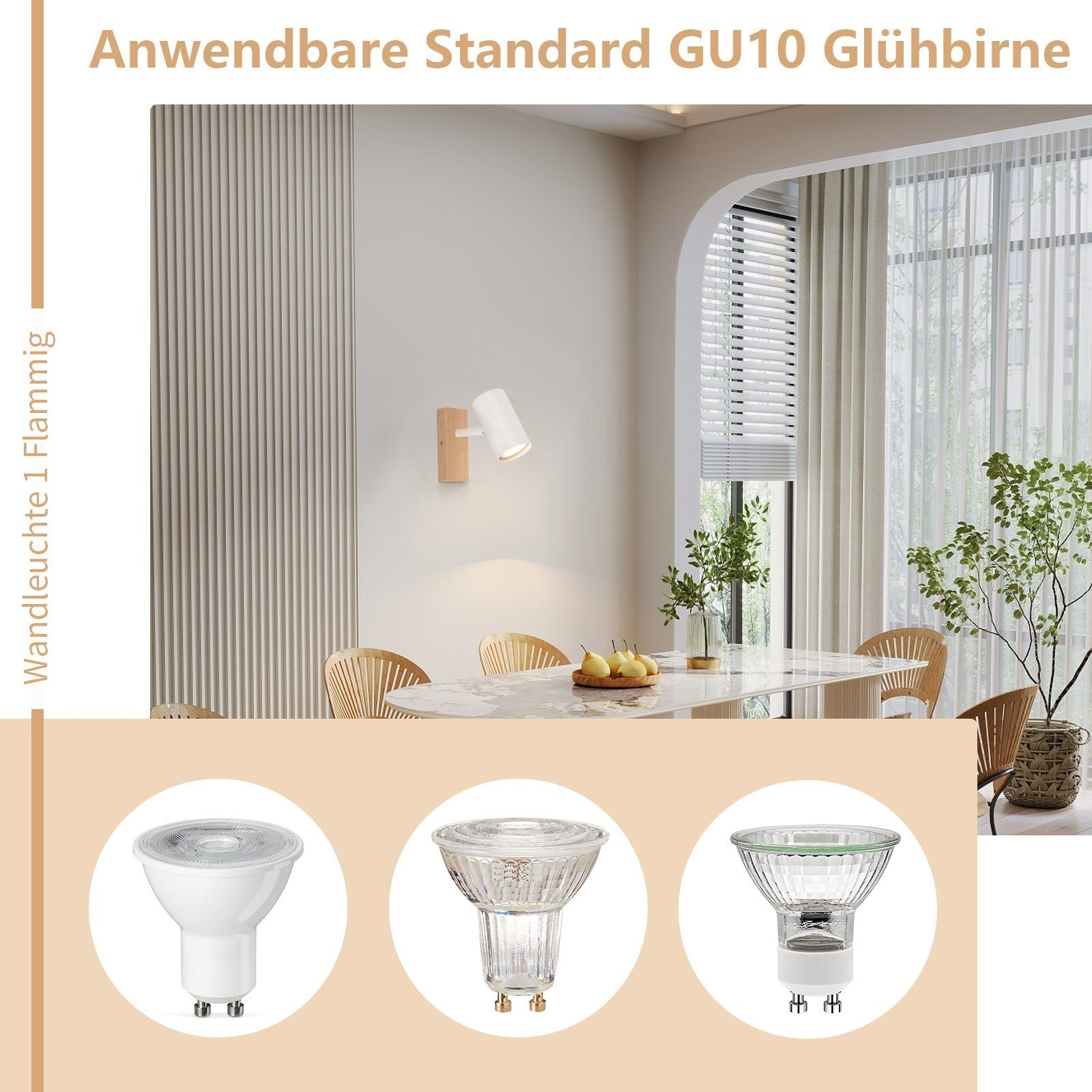 Pokój z drewnianą lampą ścienną, stołem i próbkami żarówek GU10.