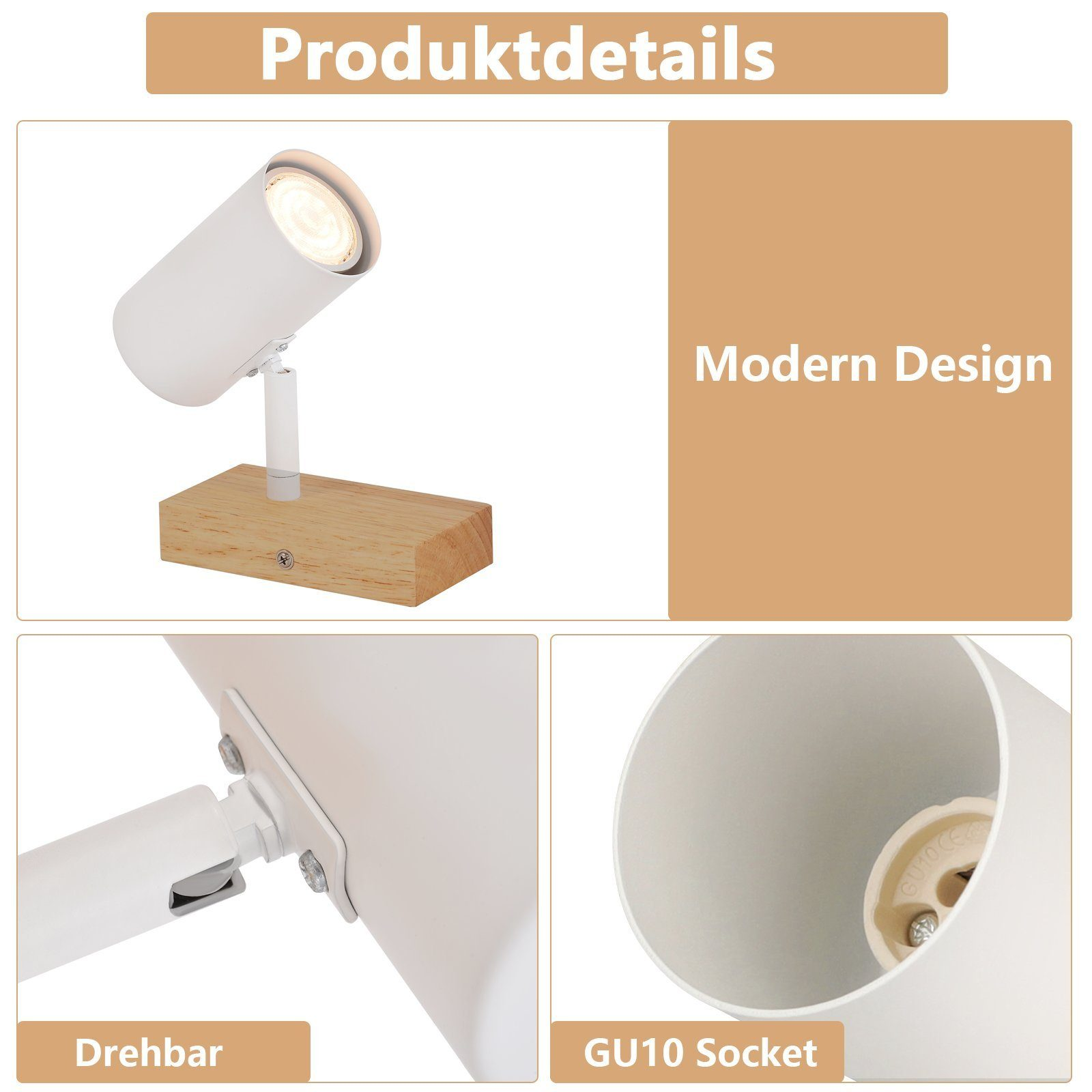 Biały reflektor na drewnianej podstawie. Obraz zawiera szczegóły produktu i nowoczesny design.