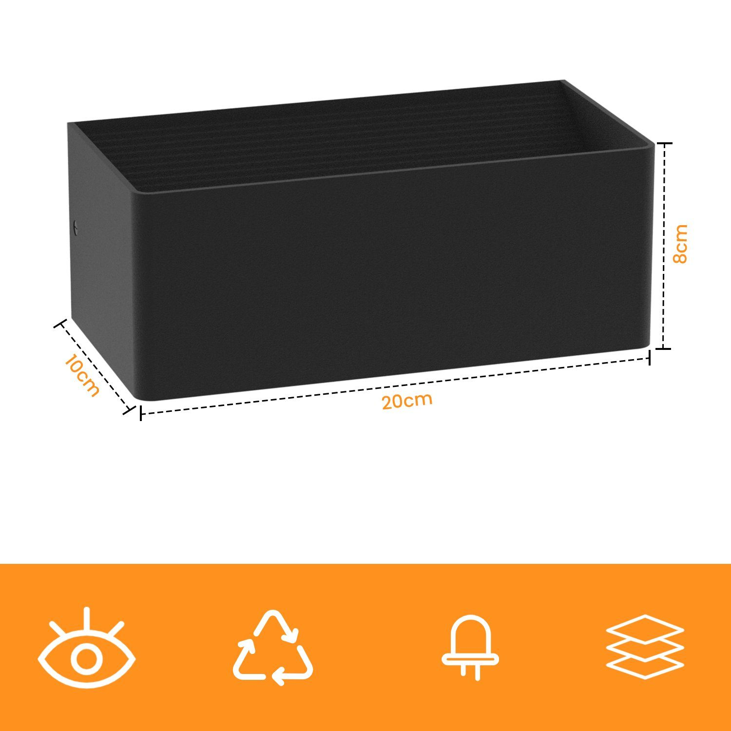 Czarny pojemnik do przechowywania z wymiarami. Wymiary: 20 cm x 10 cm x 8 cm.