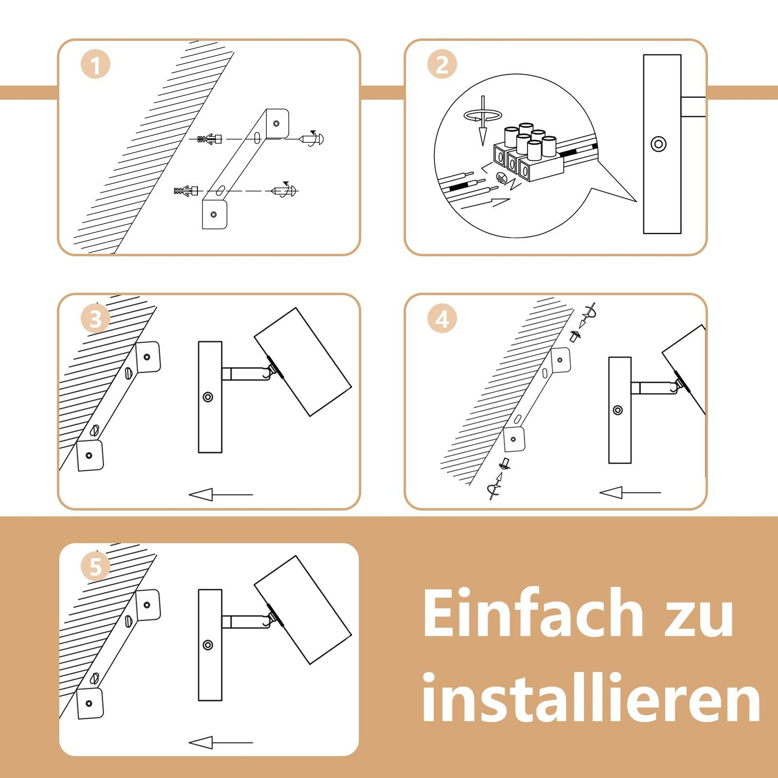 Ilustracje krok po kroku pokazujące instalację lampy, wraz z tekstem: Łatwy w instalacji.