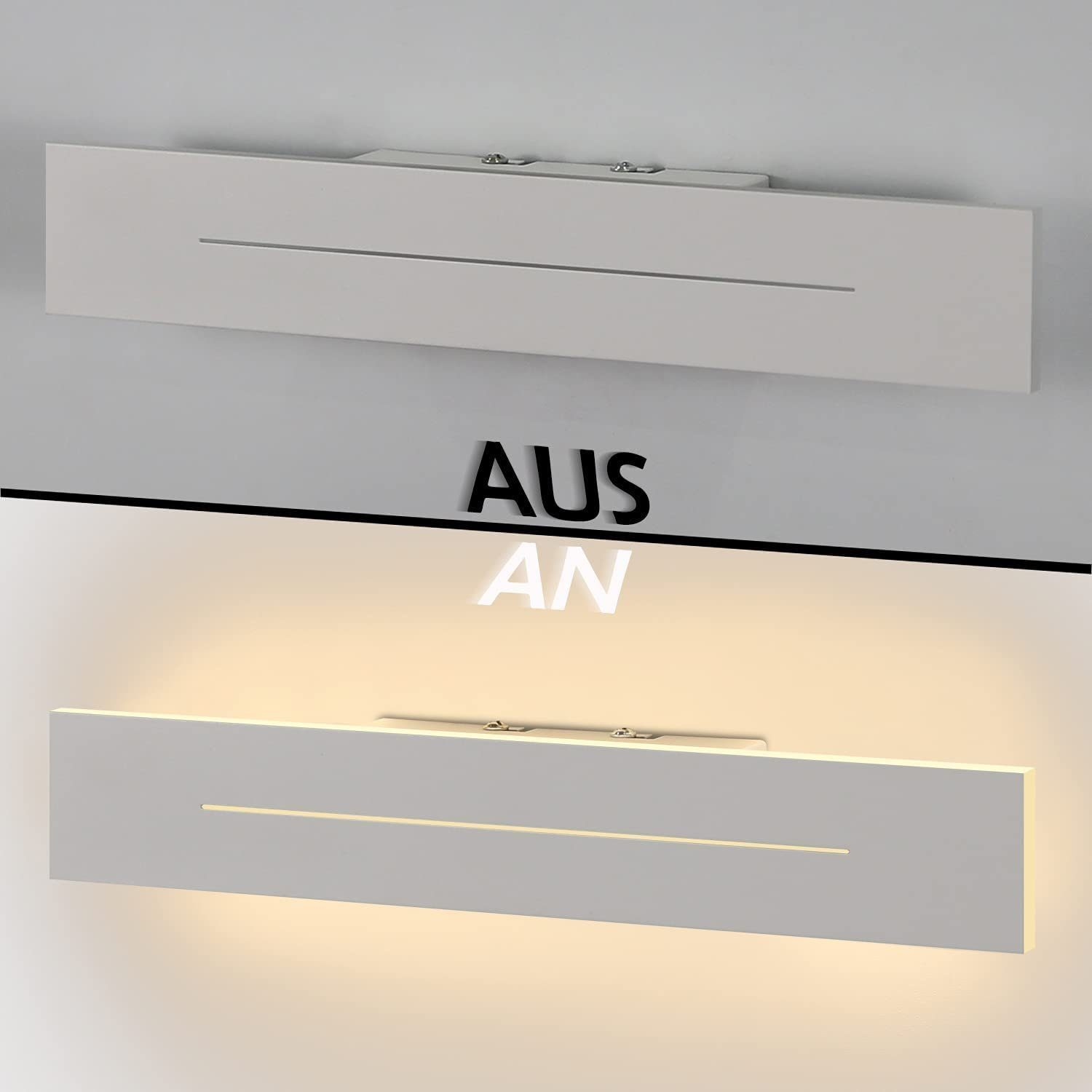 Biała prostokątna lampa ścienna z tekstem włącz/wyłącz. Światło jest pokazane zarówno włączone, jak i wyłączone.