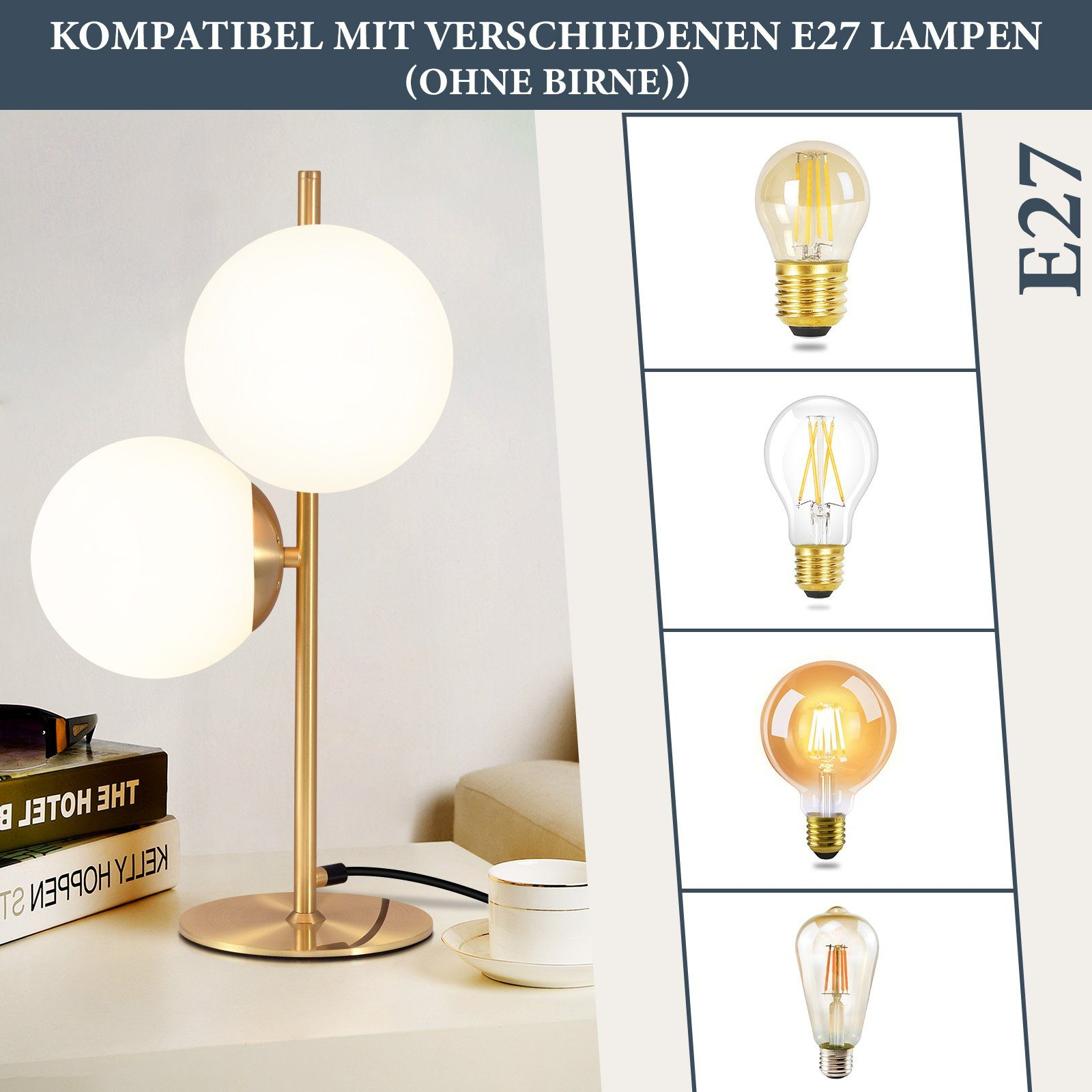 Lampa stołowa z dwoma kloszami w kształcie kuli i zestawem żarówek E27.