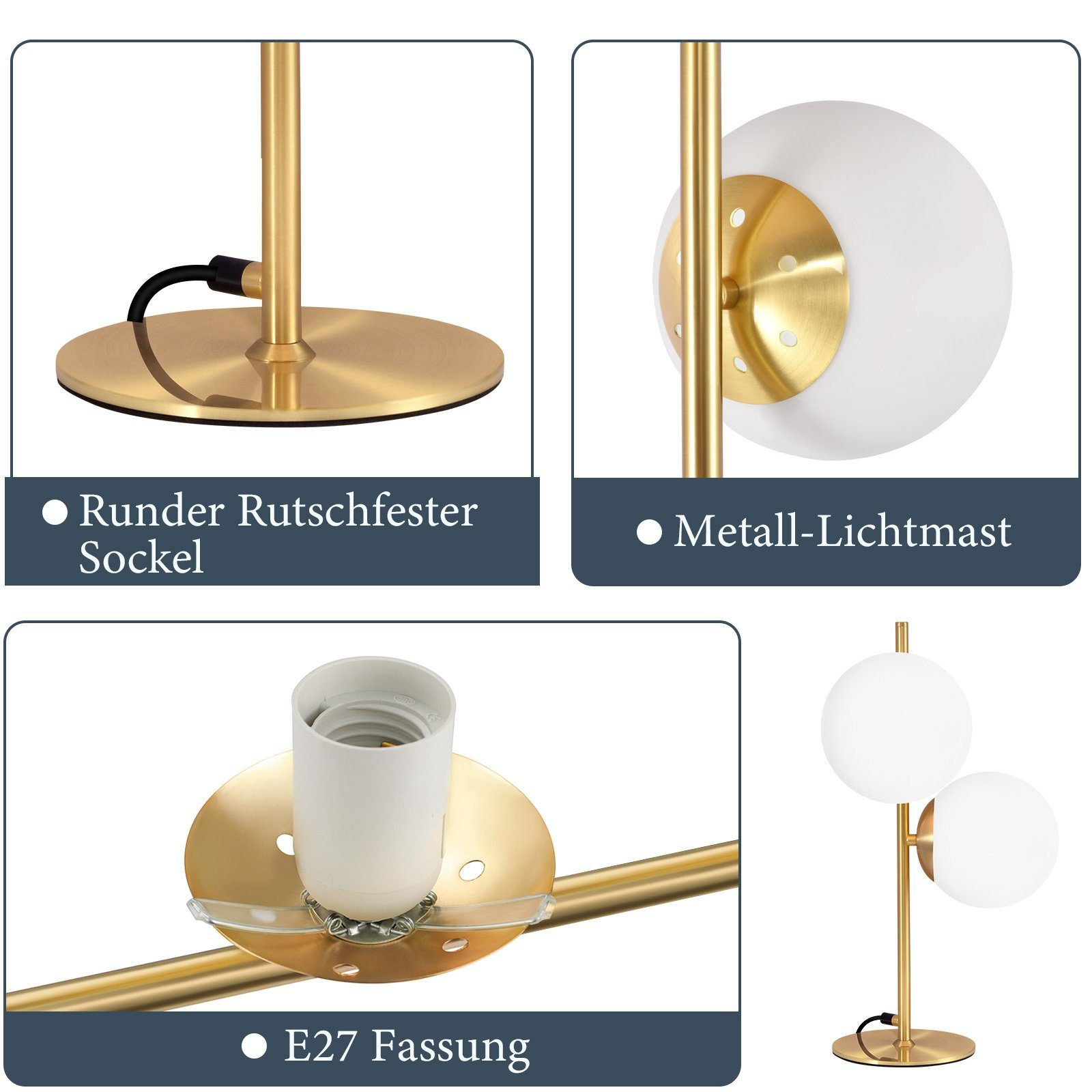 Zbliżenie podstawy i szczegółów złotej lampy. Pokazuje okrągłą, antypoślizgową podstawę, metalowy maszt i gniazdo E27.