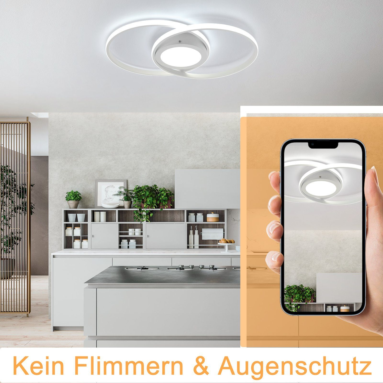 Nowoczesna lampa sufitowa z dwoma przecinającymi się pierścieniami. Telefon pokazuje to samo światło.