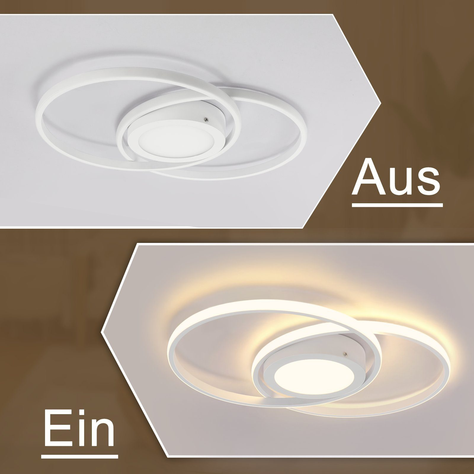 Dwa zdjęcia białej lampy sufitowej. Jedna jest wyłączona, druga włączona, pokazująca emisję światła.