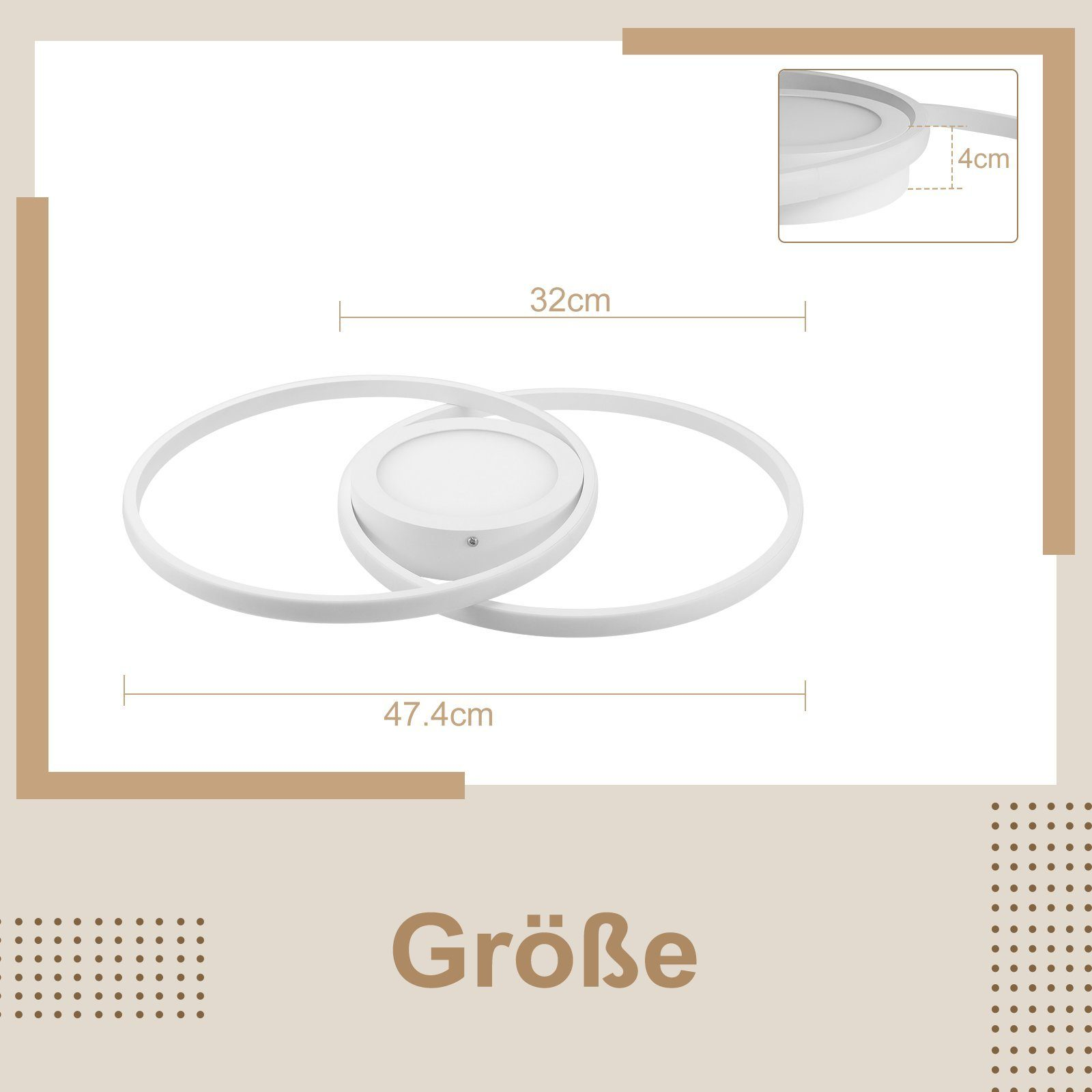 Biała lampa sufitowa z dwoma przecinającymi się pierścieniami. Wymiary są oznaczone na zdjęciu.