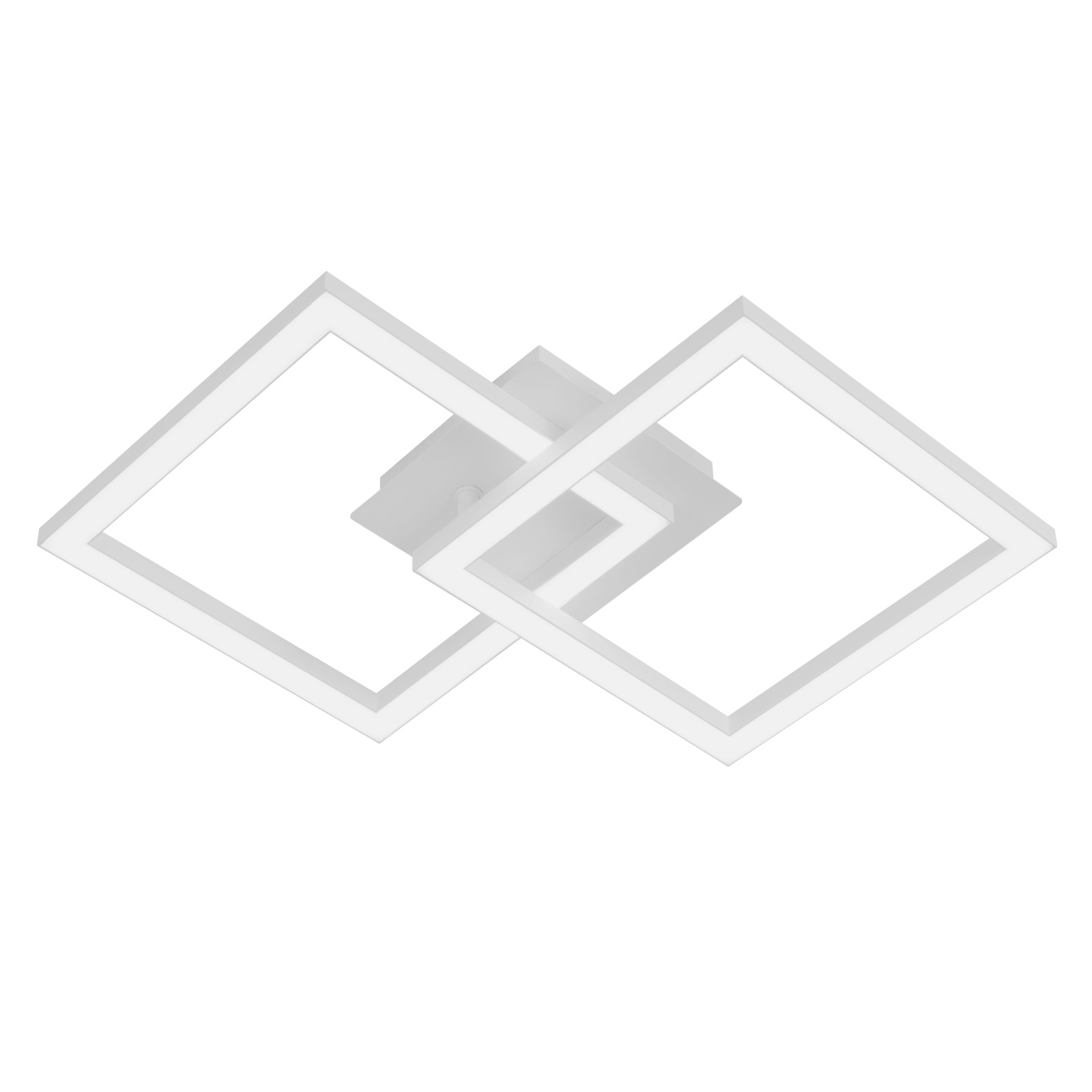 Biała oprawa oświetleniowa sufitowa. Ma dwa przecinające się kwadratowe kształty. Białe tło.