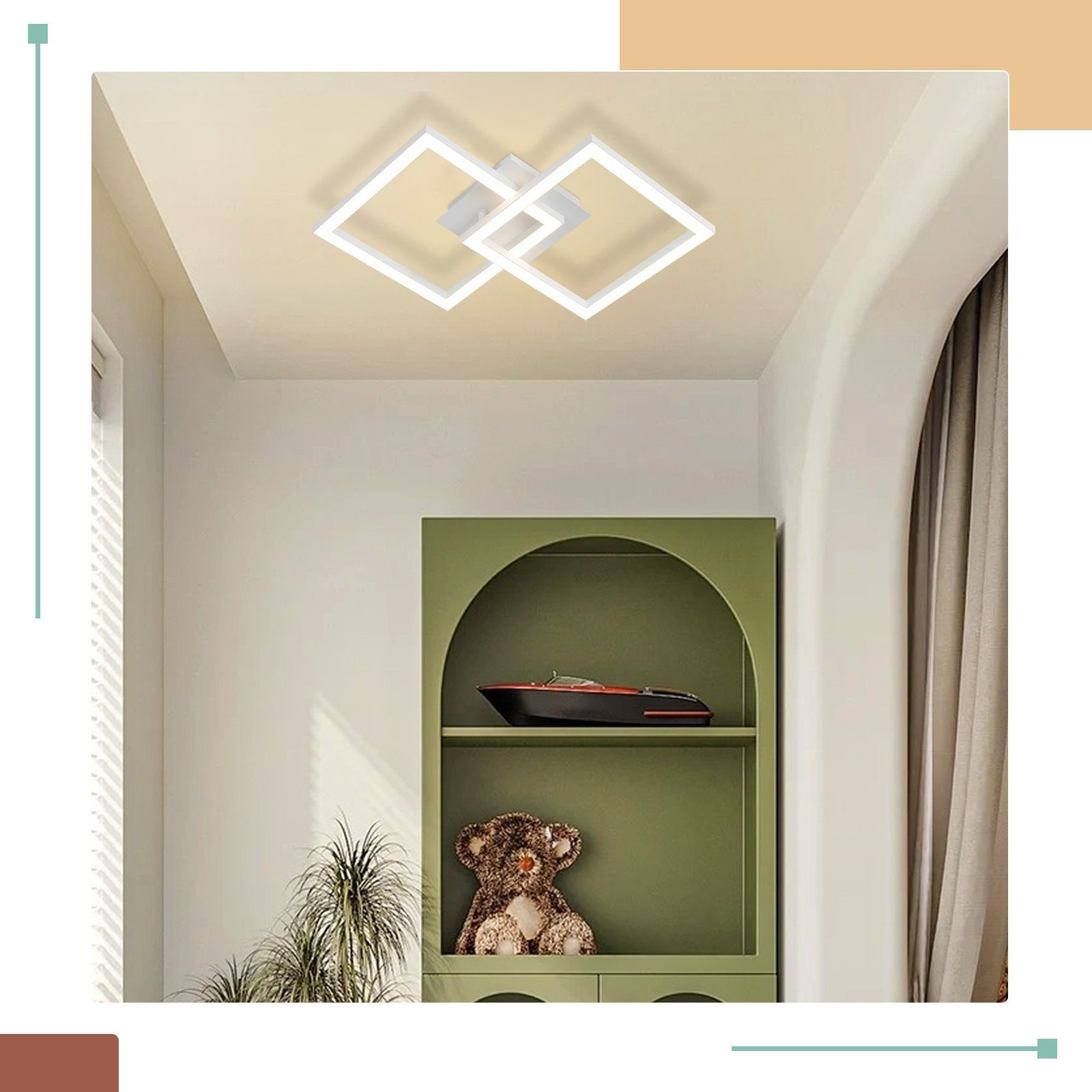 Oświetlenie sufitowe z dwoma zachodzącymi na siebie kwadratami. Poniżej zielona szafka z dekoracjami.