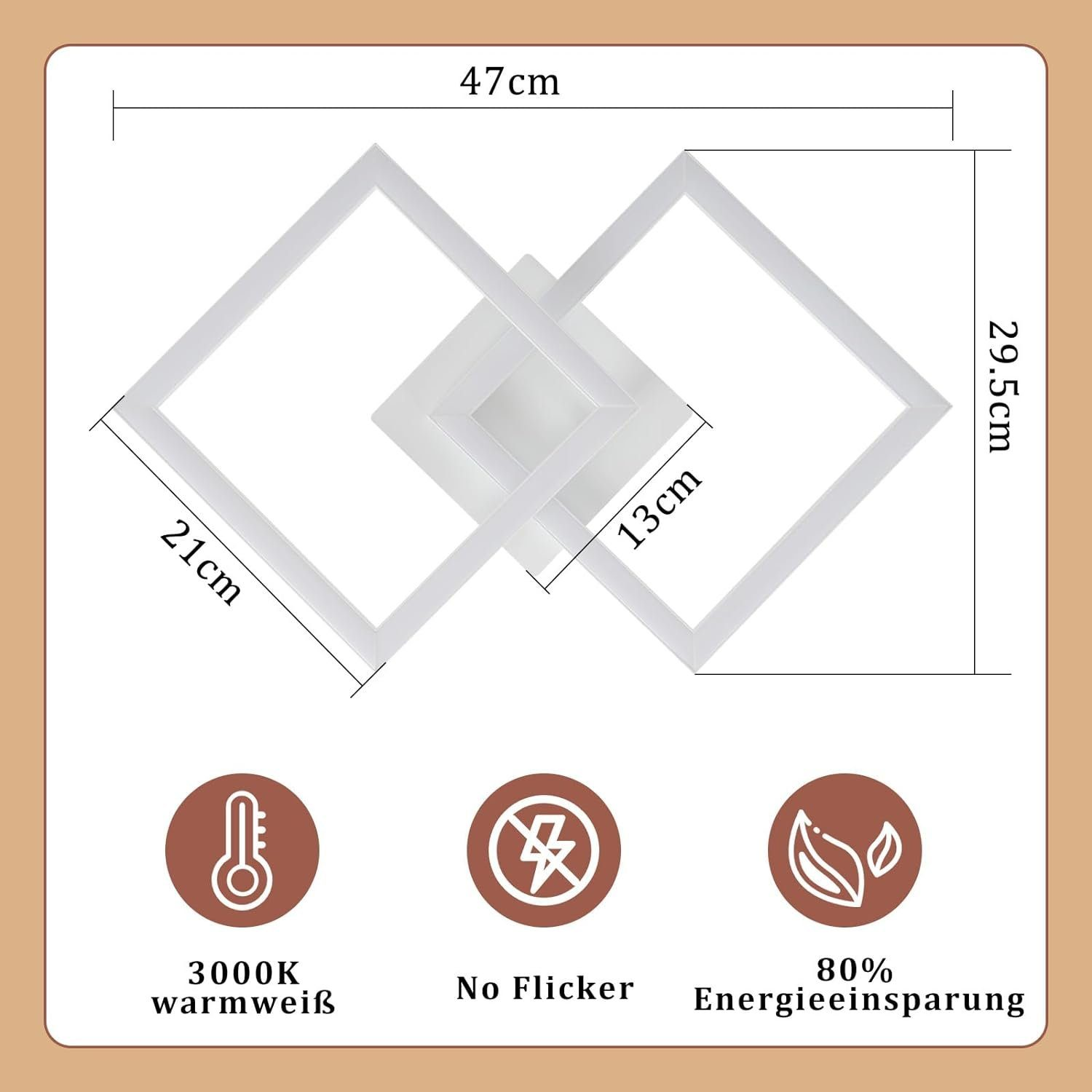 Schemat białej kwadratowej lampy sufitowej z wymiarami i ikonami oszczędzania energii. Brązowe tło.