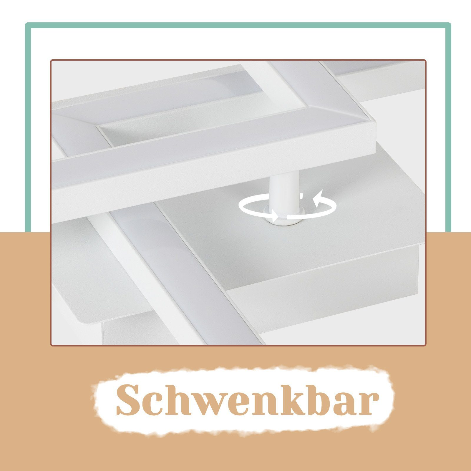 Biała oprawa oświetleniowa sufitowa. Środkowa część jest obrotowa, wskazana strzałką.