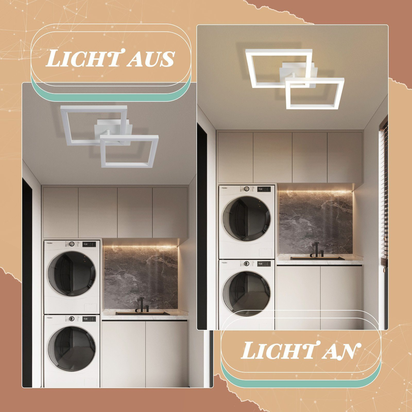 Nowoczesna kuchnia z dwoma różnymi stanami oświetlenia: włączonym i wyłączonym.