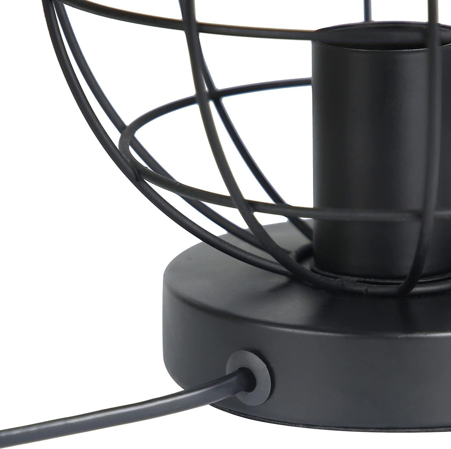 Czarna metalowa lampa w klatce, zbliżenie, z kablem. Białe tło.