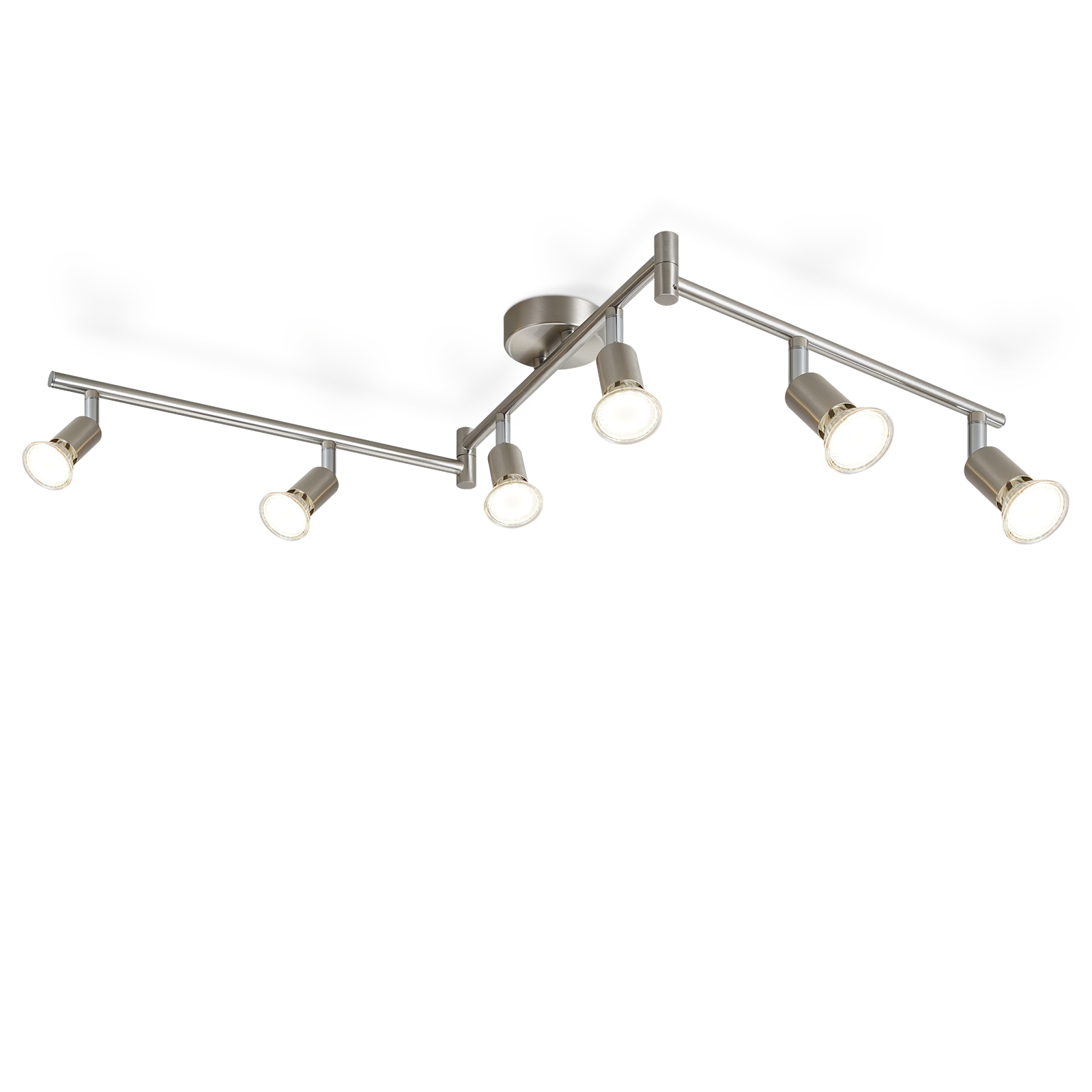 Un lampadario con sei faretti disposti a forma curva, di colore argento.