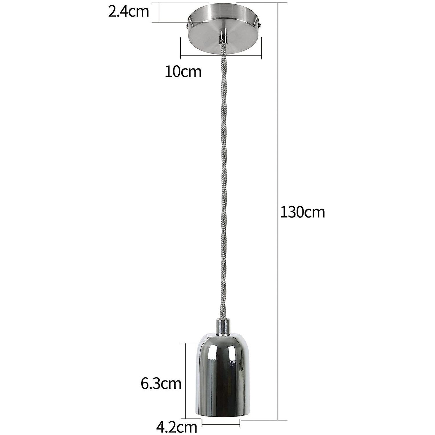 Srebrna lampa wisząca z wymiarami. Światło jest cylindryczne ze skręconym przewodem i prostą nasadką.