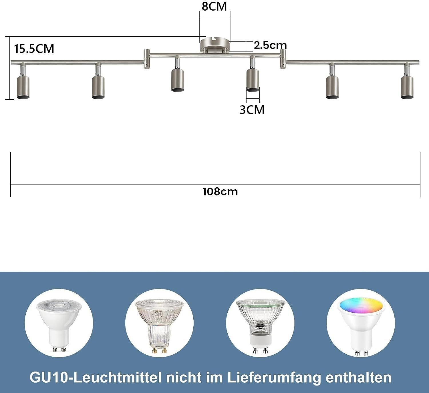 Una plafoniera con sei teste regolabili. Le dimensioni sono indicate. Vengono visualizzati quattro tipi di lampadine GU10.