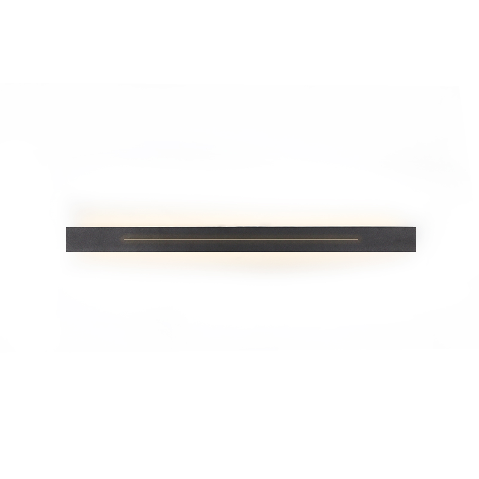 Długa, czarna, prostokątna oprawa oświetleniowa emitująca ciepłą poświatę, na białym tle.