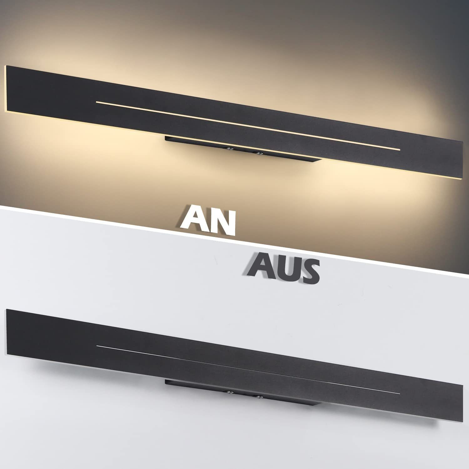 Czarna oprawa LED, włączona (góra) i wyłączona (dół), zamontowana na białej ścianie.