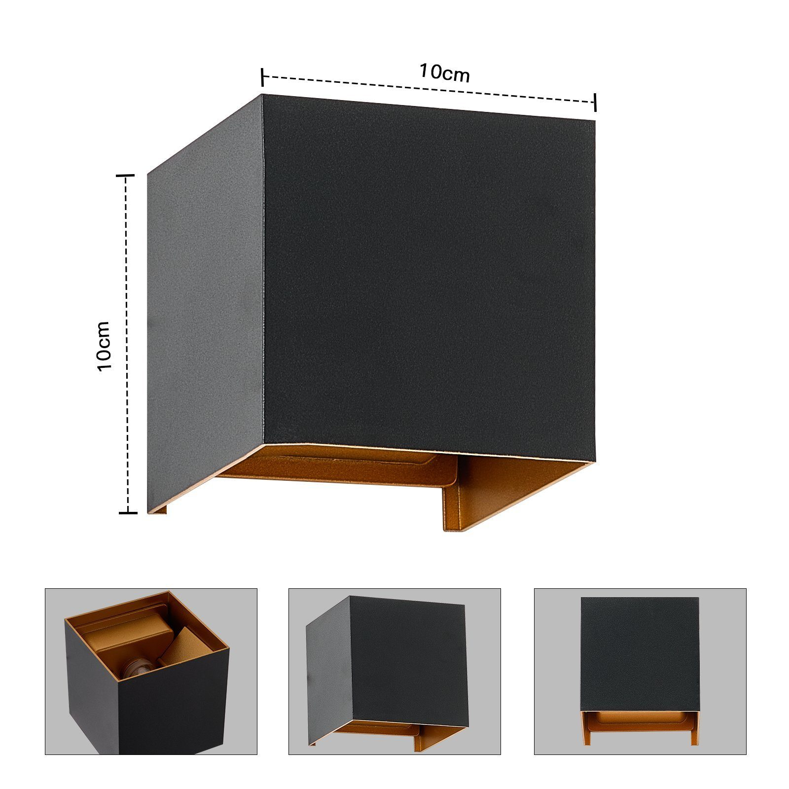 Czarna, sześcienna oprawa oświetleniowa zewnętrzna ze złotymi akcentami i wymiarami.