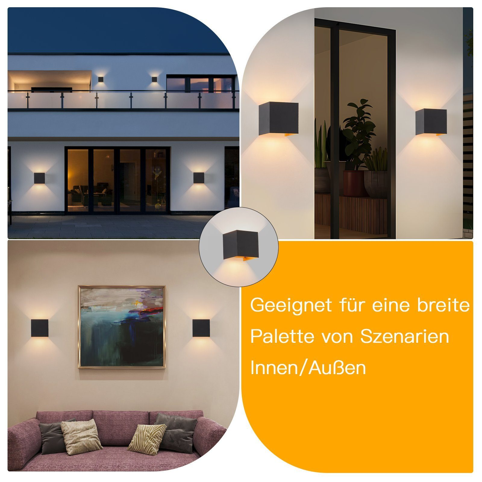 Varie applique da esterno. Le luci sono nere e quadrate. La scena è in una casa.