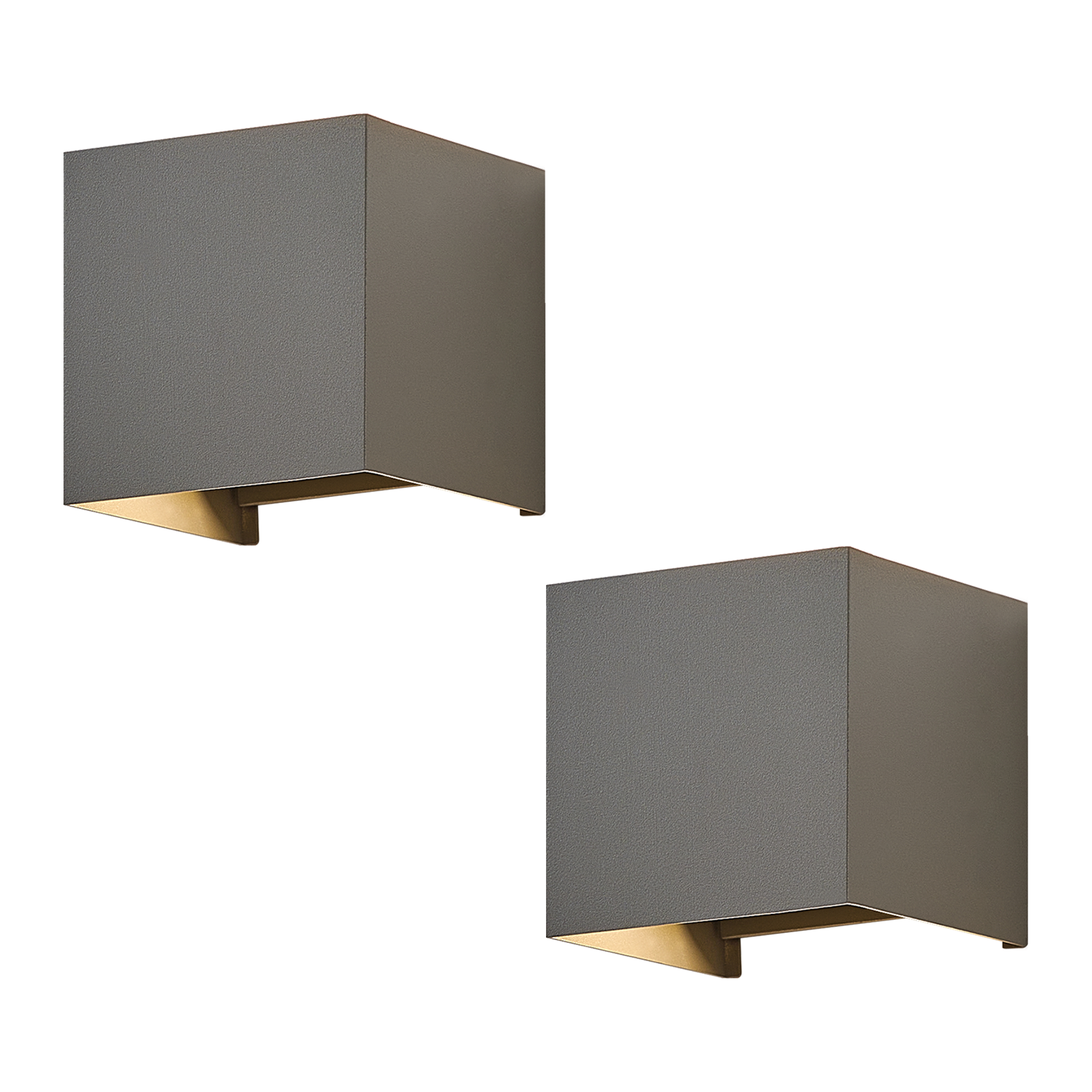 Dwie szare, sześcienne lampy ścienne. Są zamontowane na białym tle.