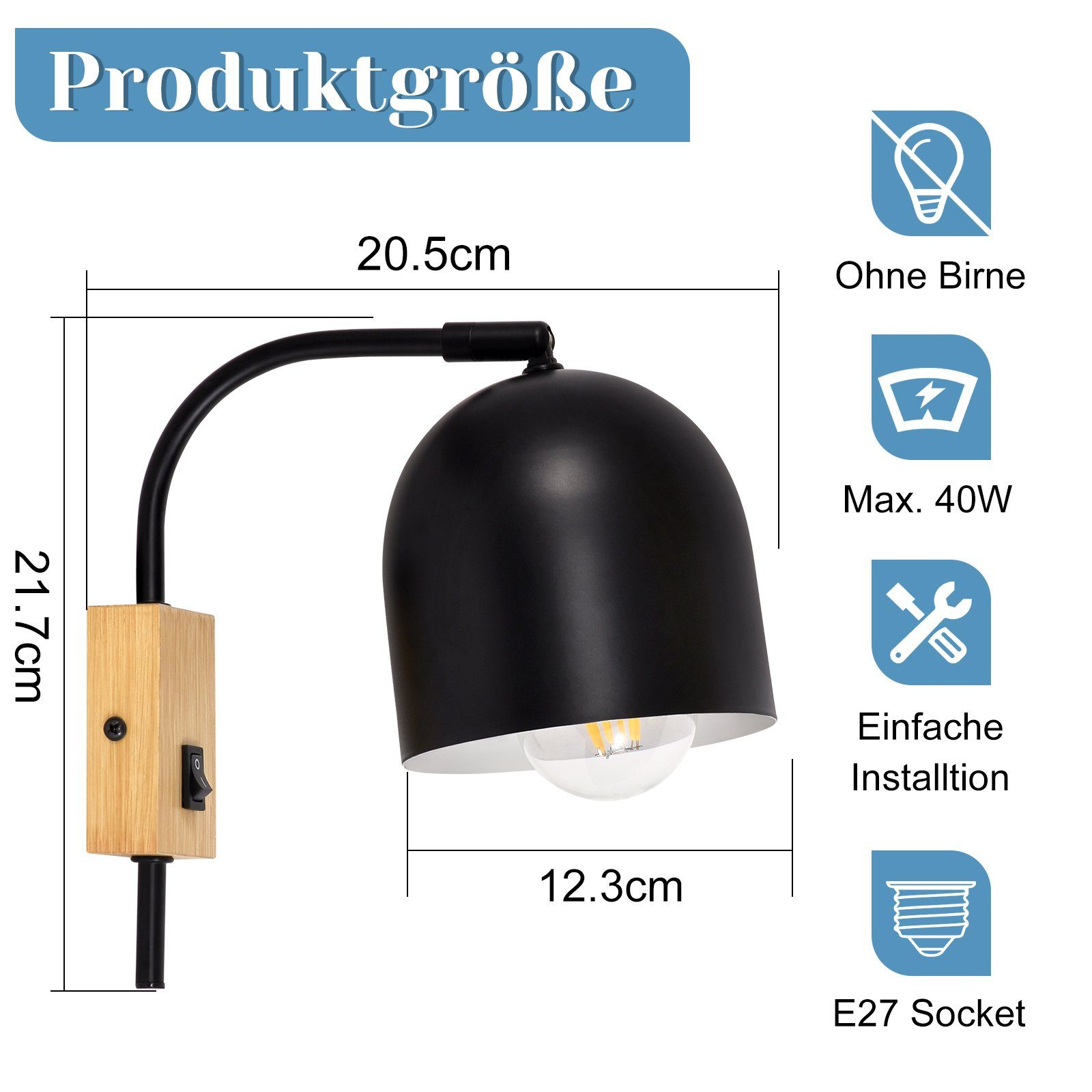 Czarno-biała lampa ścienna z wymiarami, czarna lampa i ikony z tekstem o funkcjach.