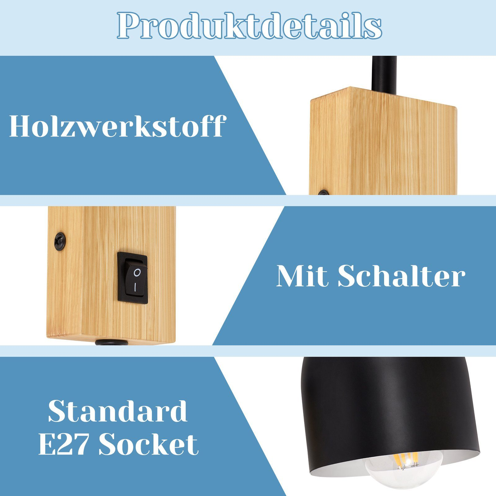 Szczegóły lampy: drewniana część, przełącznik i gniazdo E27, z etykietami tekstowymi.