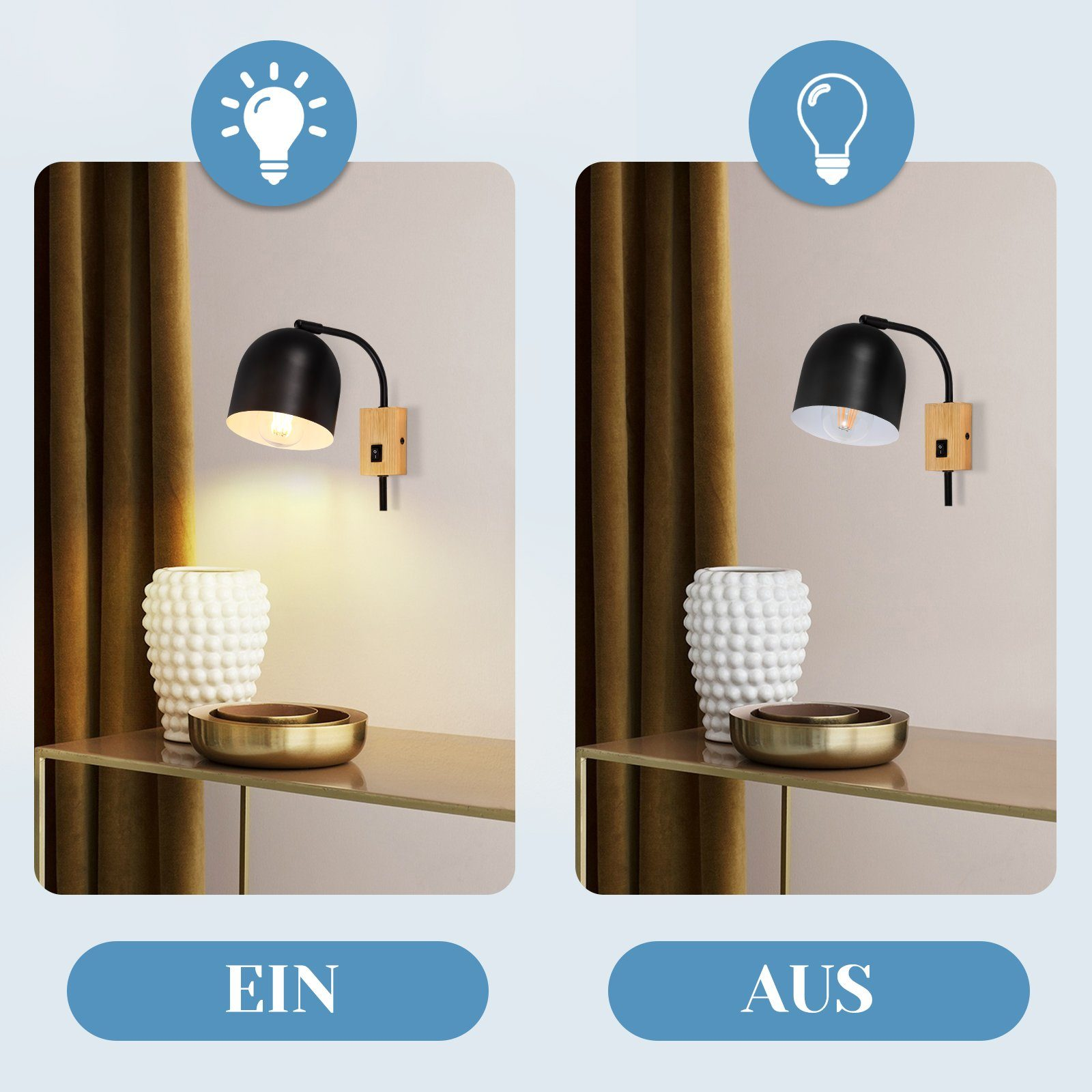 Dwa zdjęcia czarnej lampy ściennej, jedno włączone i jedno wyłączone. Pokazuje lampę i otaczający wystrój.