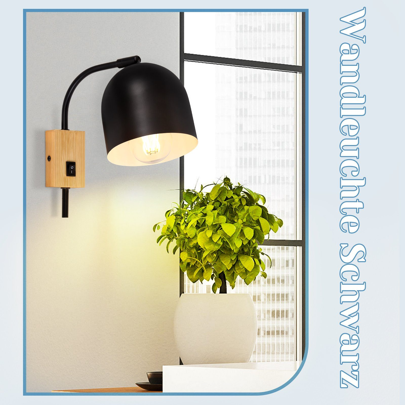 Czarna lampa ścienna z drewnianą podstawą i doniczką z rośliną w pobliżu okna.