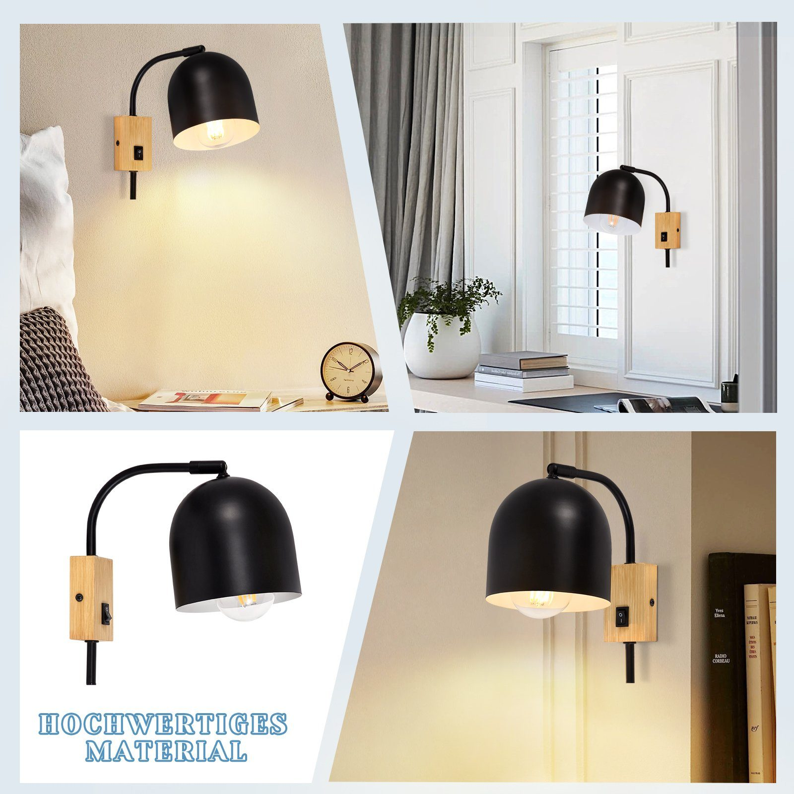 Wiele zdjęć przedstawia czarną, regulowaną lampę ścienną z drewnianą podstawą i żarówką.