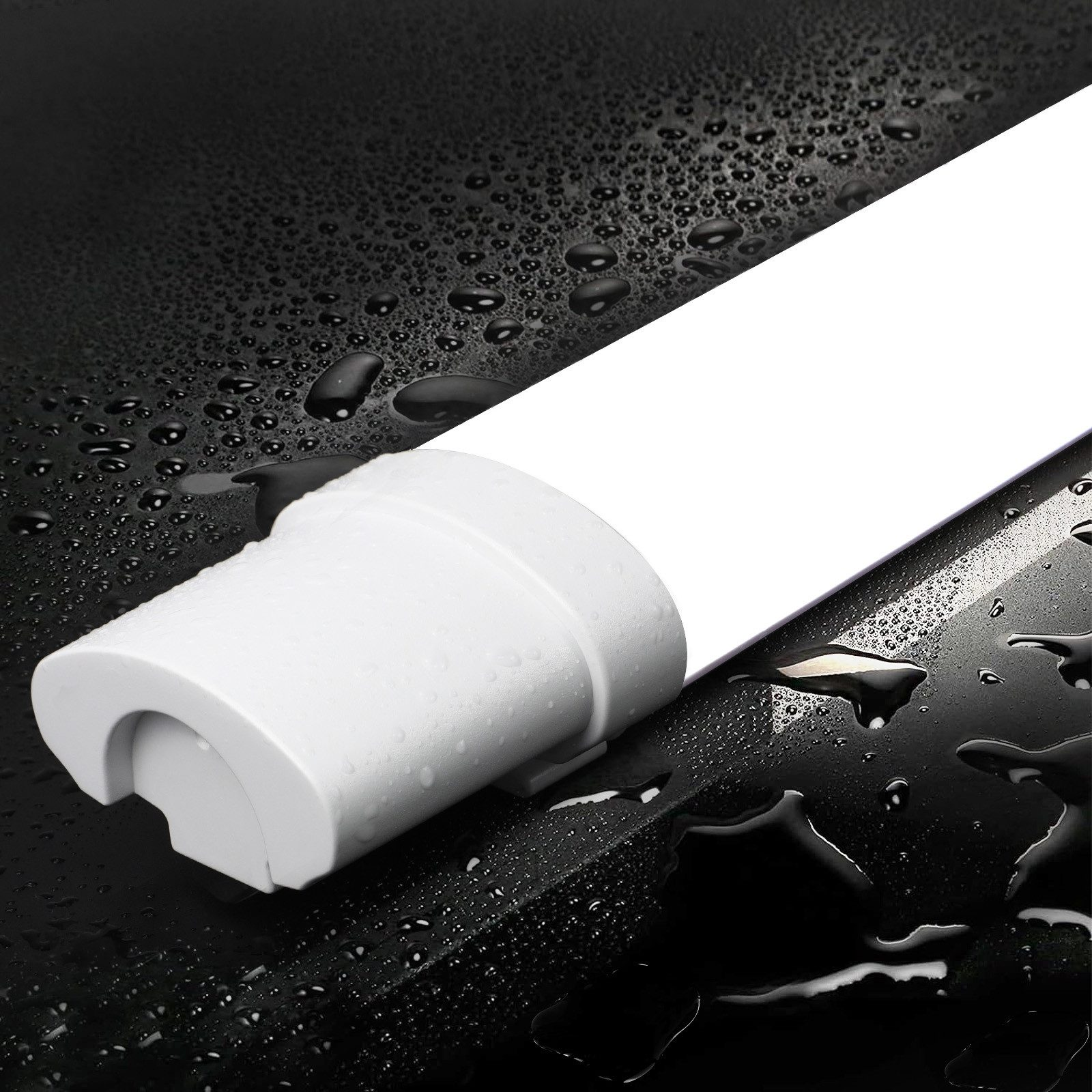 Biała lampa rurowa z białym złączem i kroplami wody na czarnej powierzchni.