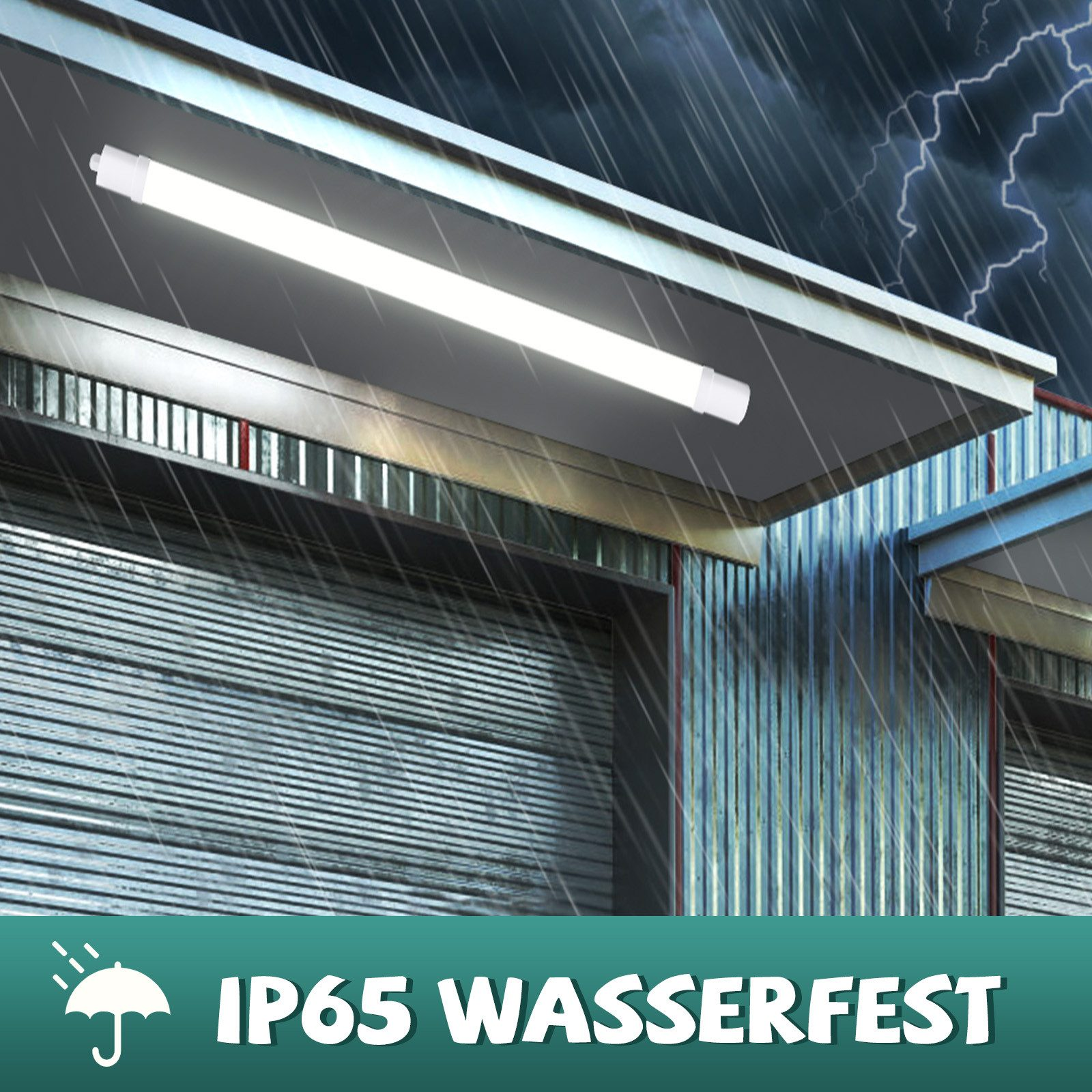 Długa lampa tubowa jest zamontowana na zewnątrz. Pada deszcz, a w tle błyskawice.