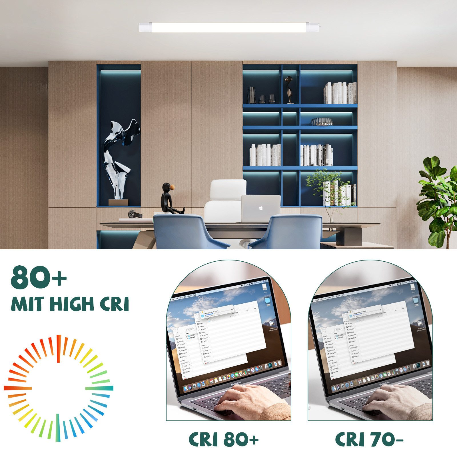 Nowoczesne biuro z długą lampą sufitową, dwoma laptopami i kolorowym panelem LED.