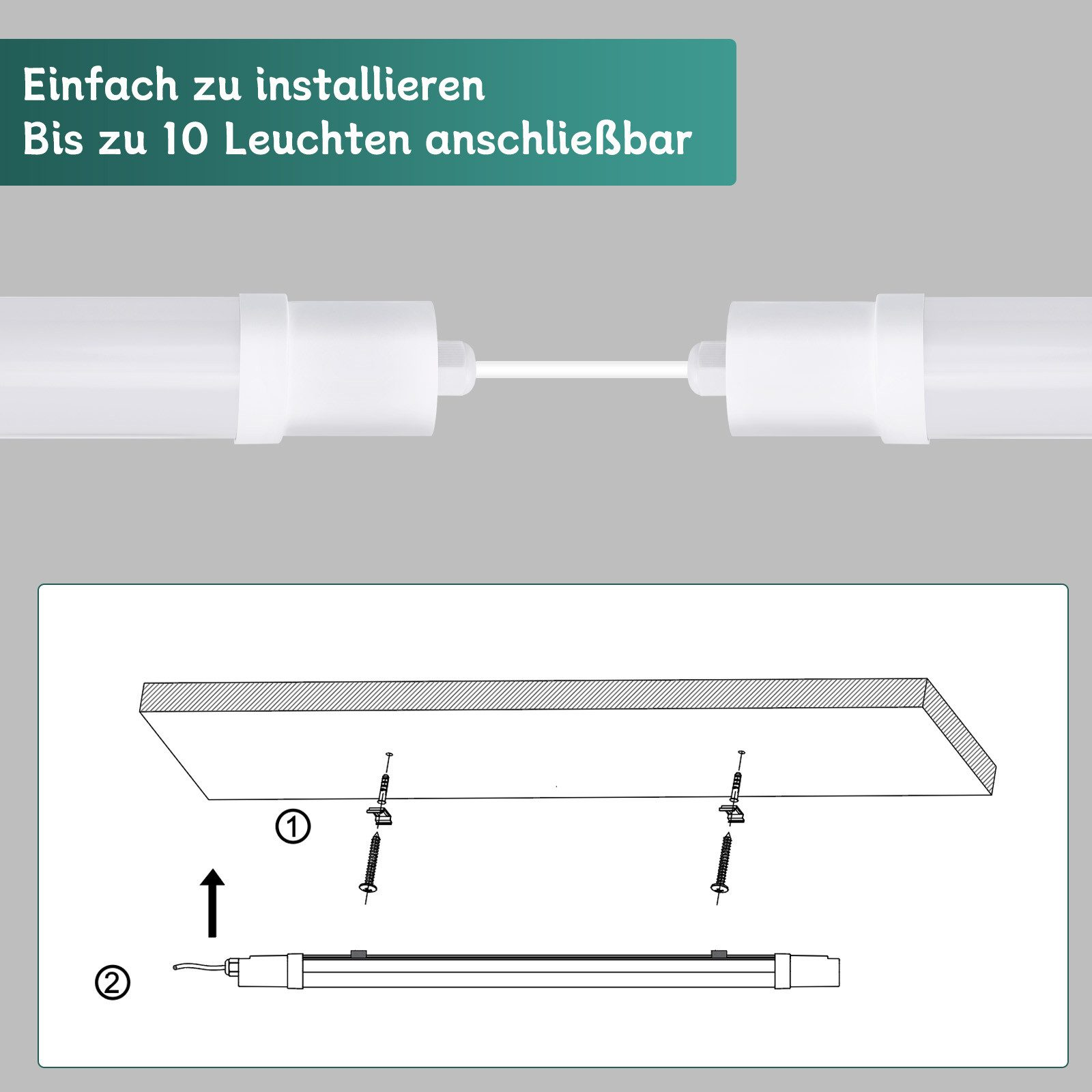 Dwie lampy LED i schemat instalacji. Rury połączone z instrukcjami pokazującymi śruby.