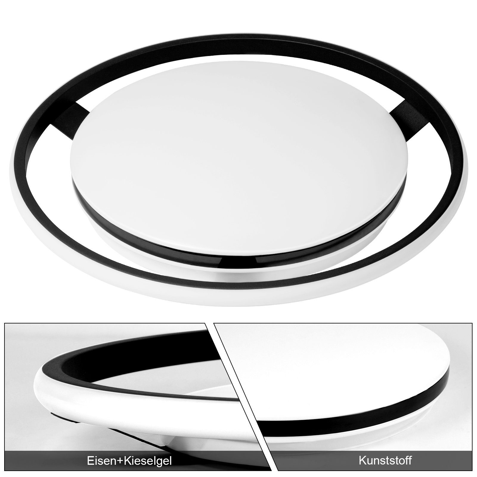 Biała lampa sufitowa z czarną obwódką, białym wewnętrznym okręgiem. Dół pokazuje elementy żelazne i plastikowe.