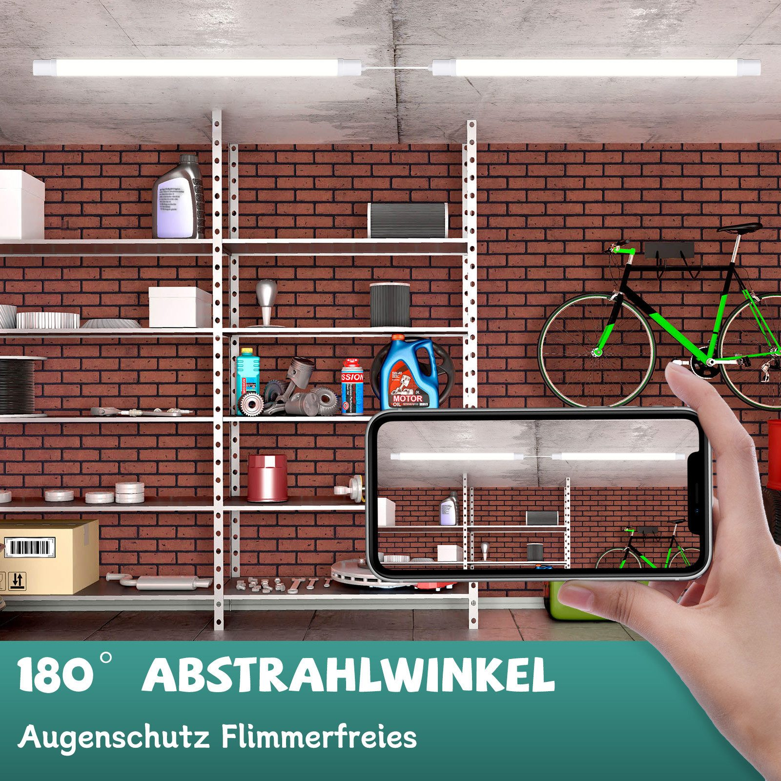 Osoba robi zdjęcie garażu z półkami, narzędziami i rowerem. Długie światło na suficie.