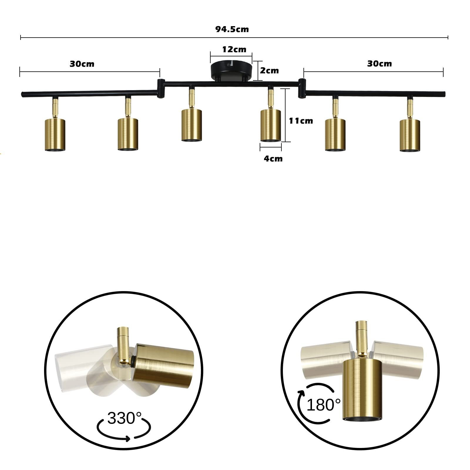 Un diagramma di un apparecchio di illuminazione a binario con dimensioni e dettagli di rotazione.