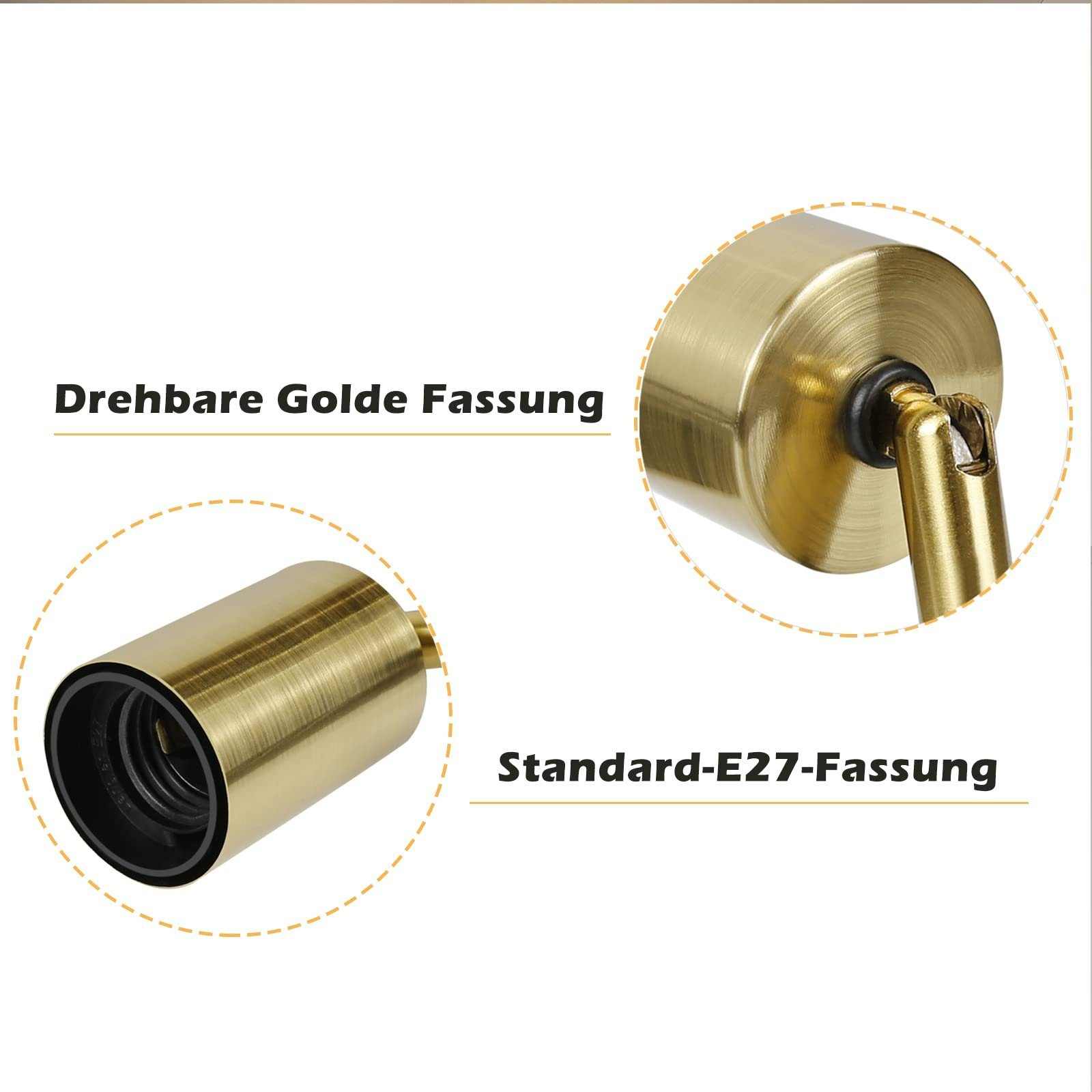 Zbliżenie złotego uchwytu lampy i standardowego gniazda E27, z etykietami.