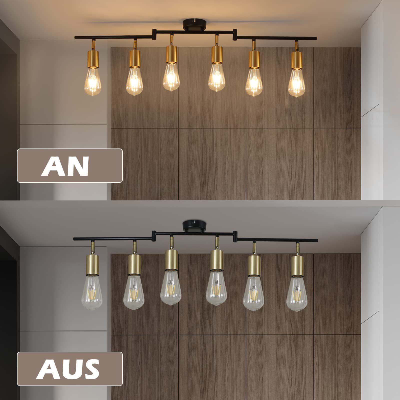 Due immagini: illuminazione a binario accesa e spenta. Lampadine con dettagli oro e neri. Pannelli in legno.