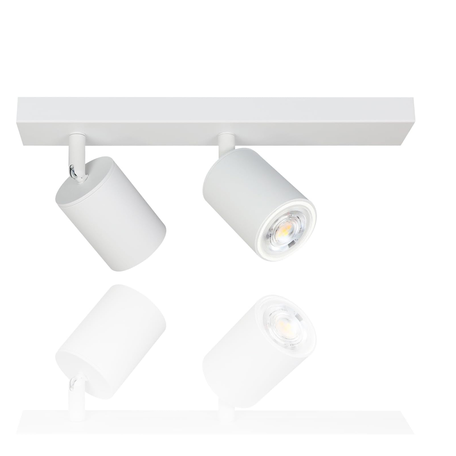 Dwa białe reflektory zamontowane na białym drążku. Widoczne dodatkowe, rozmyte reflektory.