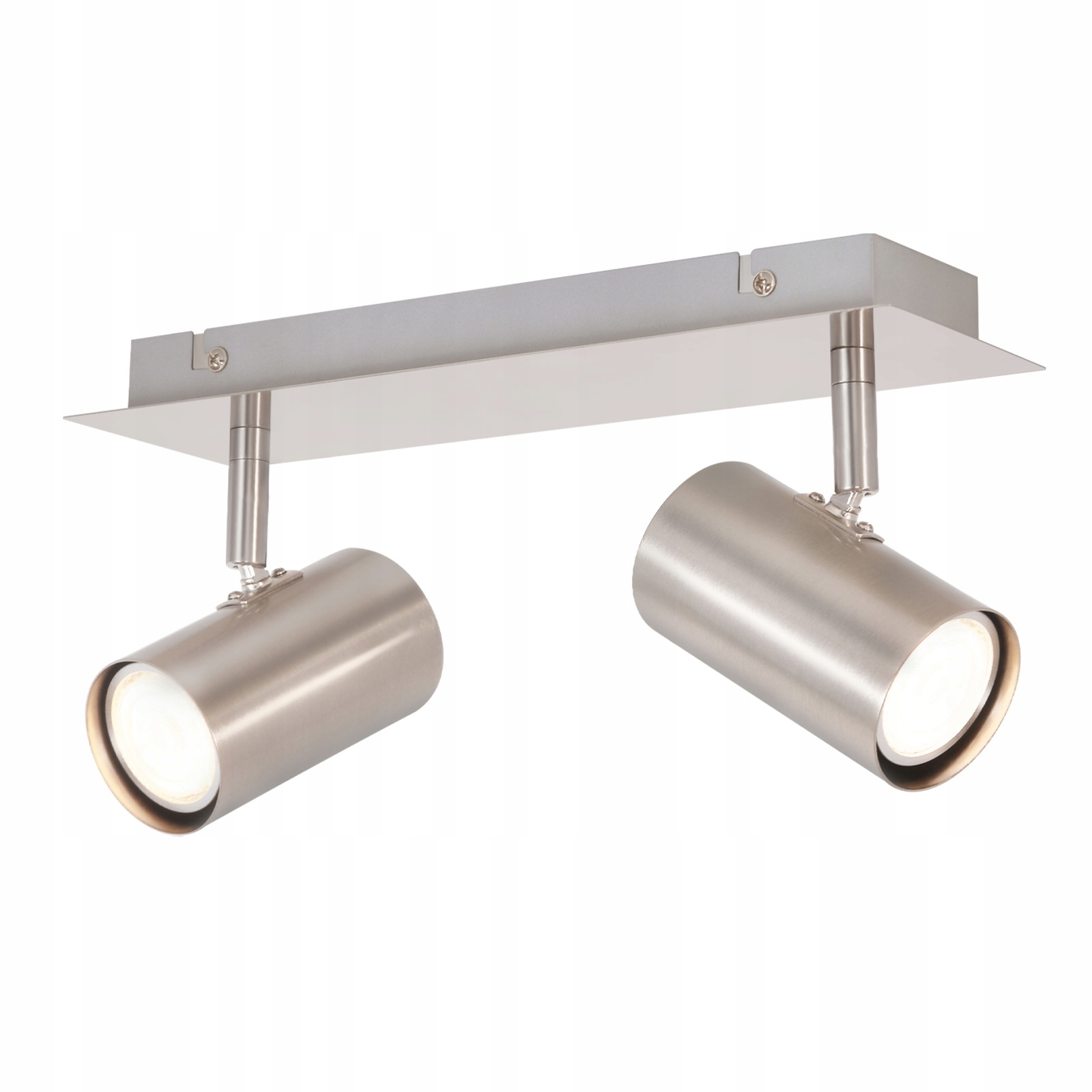 Dwa srebrne reflektory zamontowane na srebrnym drążku, białe tło.