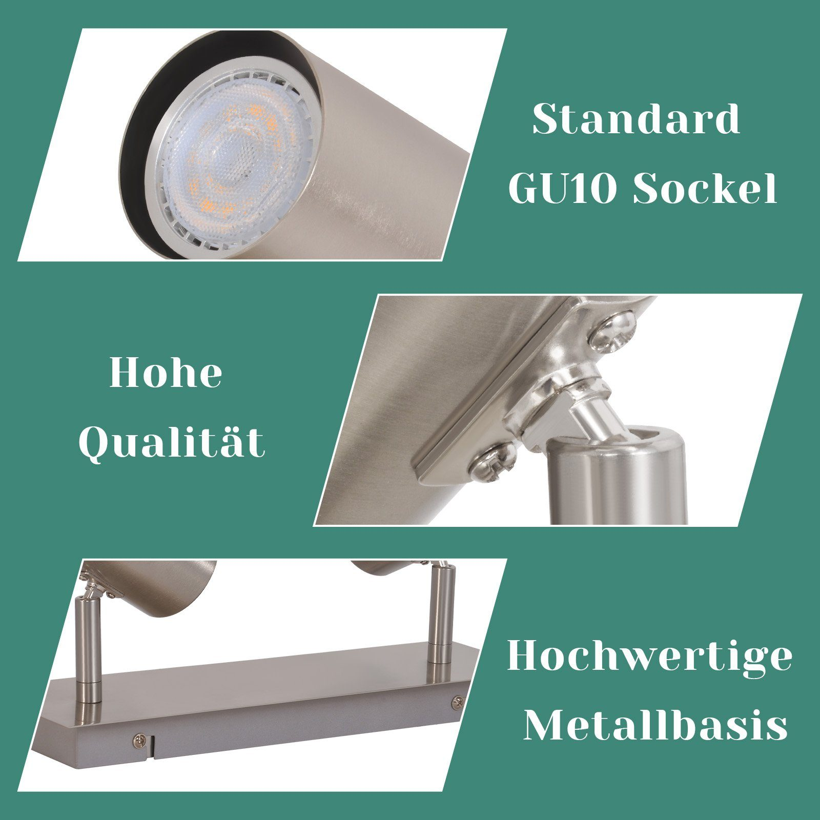 Zbliżenie srebrnej oprawy oświetleniowej. Szczegóły obejmują standardowe gniazdo GU10 i wysokiej jakości metalową podstawę.