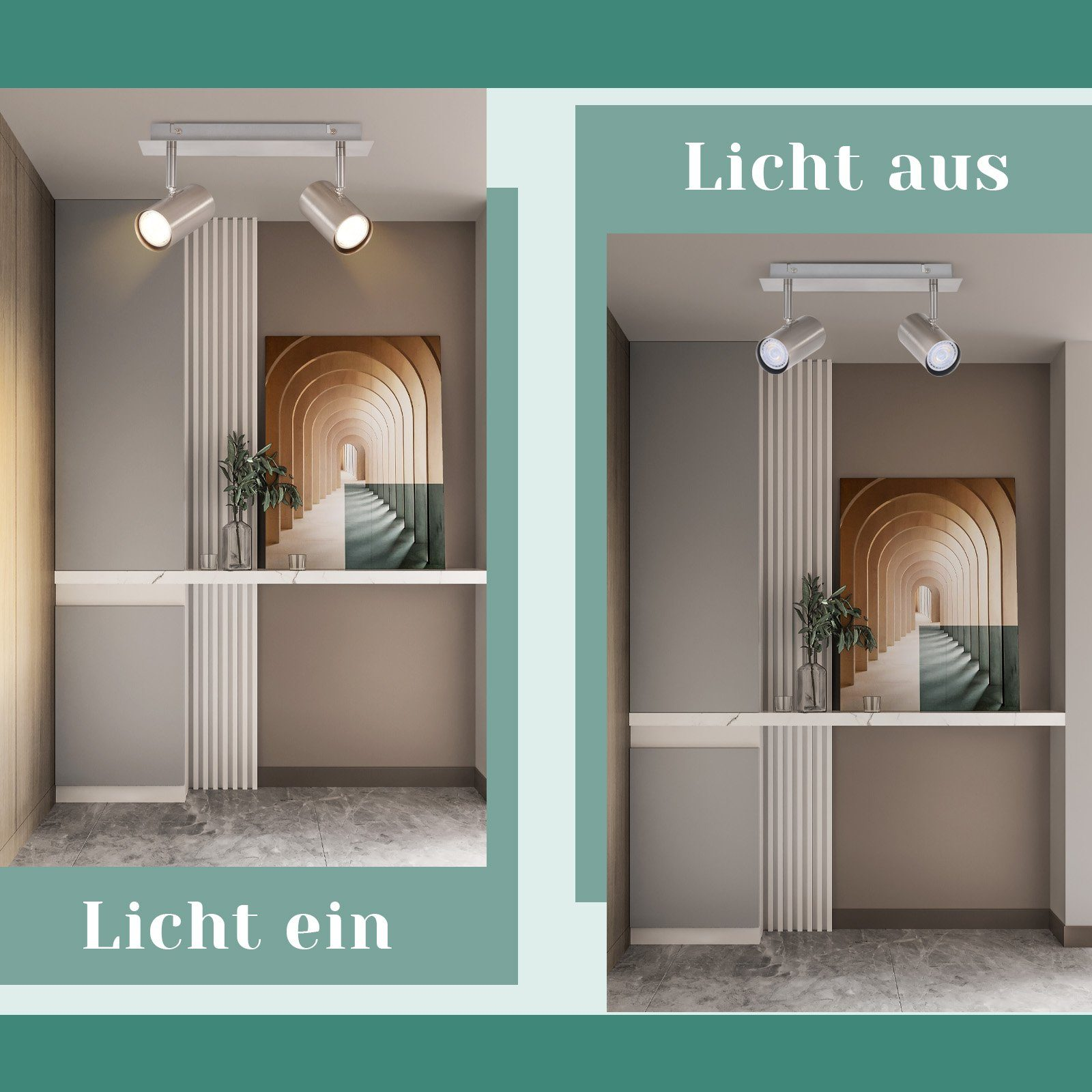 Obraz przedstawia dwa nowoczesne reflektory, jeden zapalony i jeden zgaszony, ilustrujące efekty świetlne i design w pomieszczeniu.