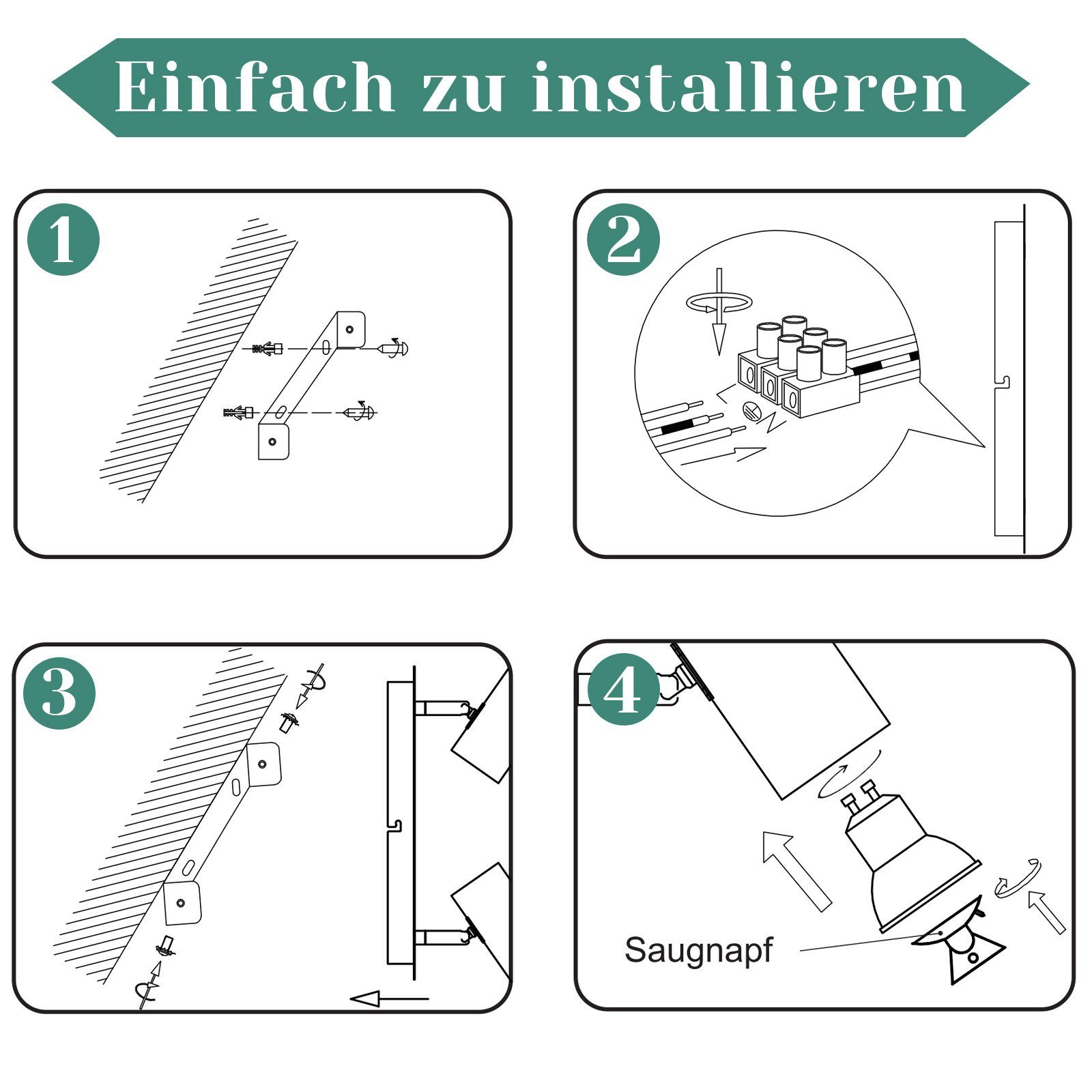 Cztery kroki pokazujące, jak zainstalować oprawę oświetleniową z tekstem po niemiecku.